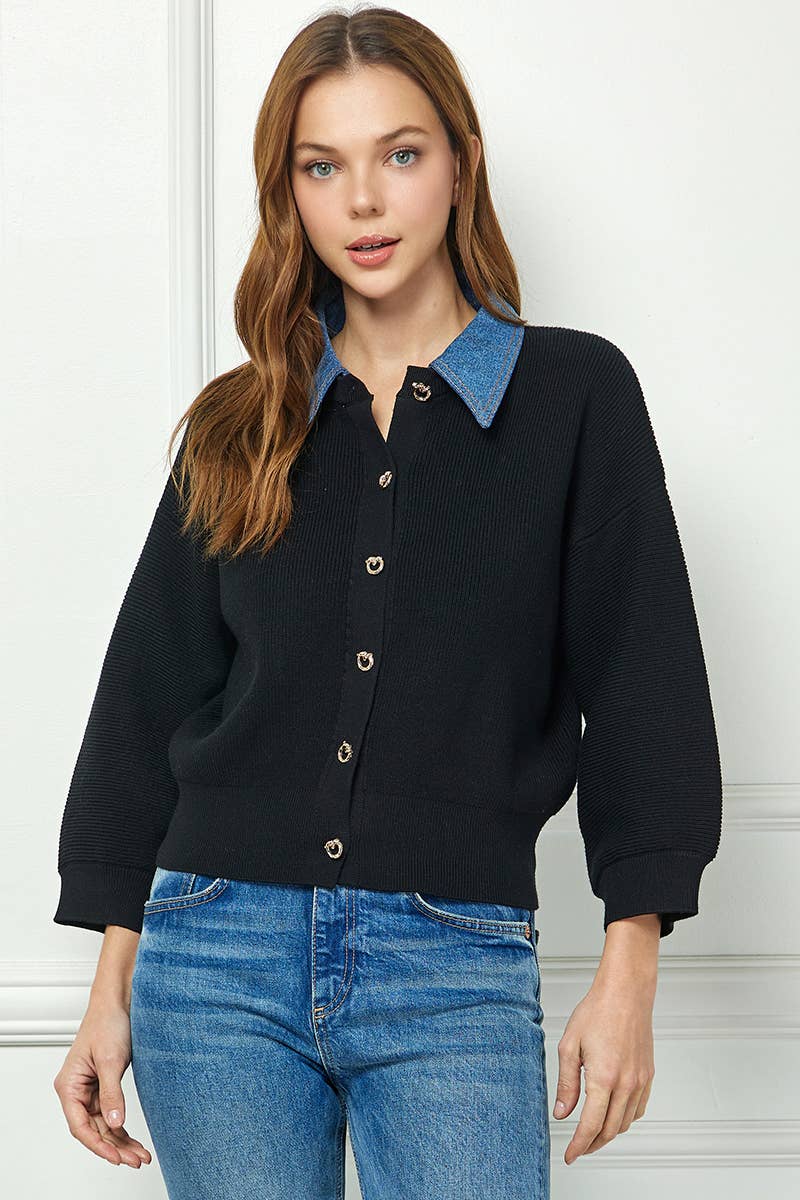 Sweater Cardigan with Denim collar