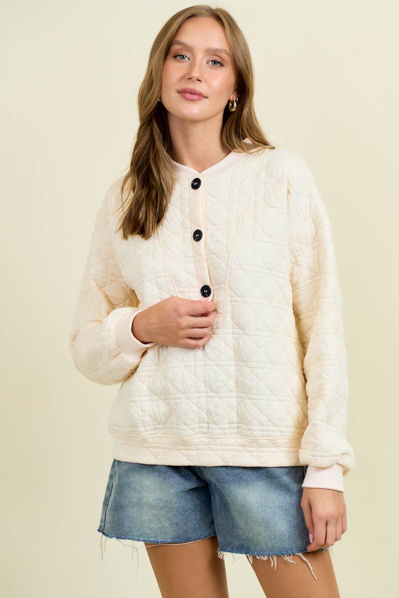 QUILTED BUTTON FRONT SWEATSHIRT