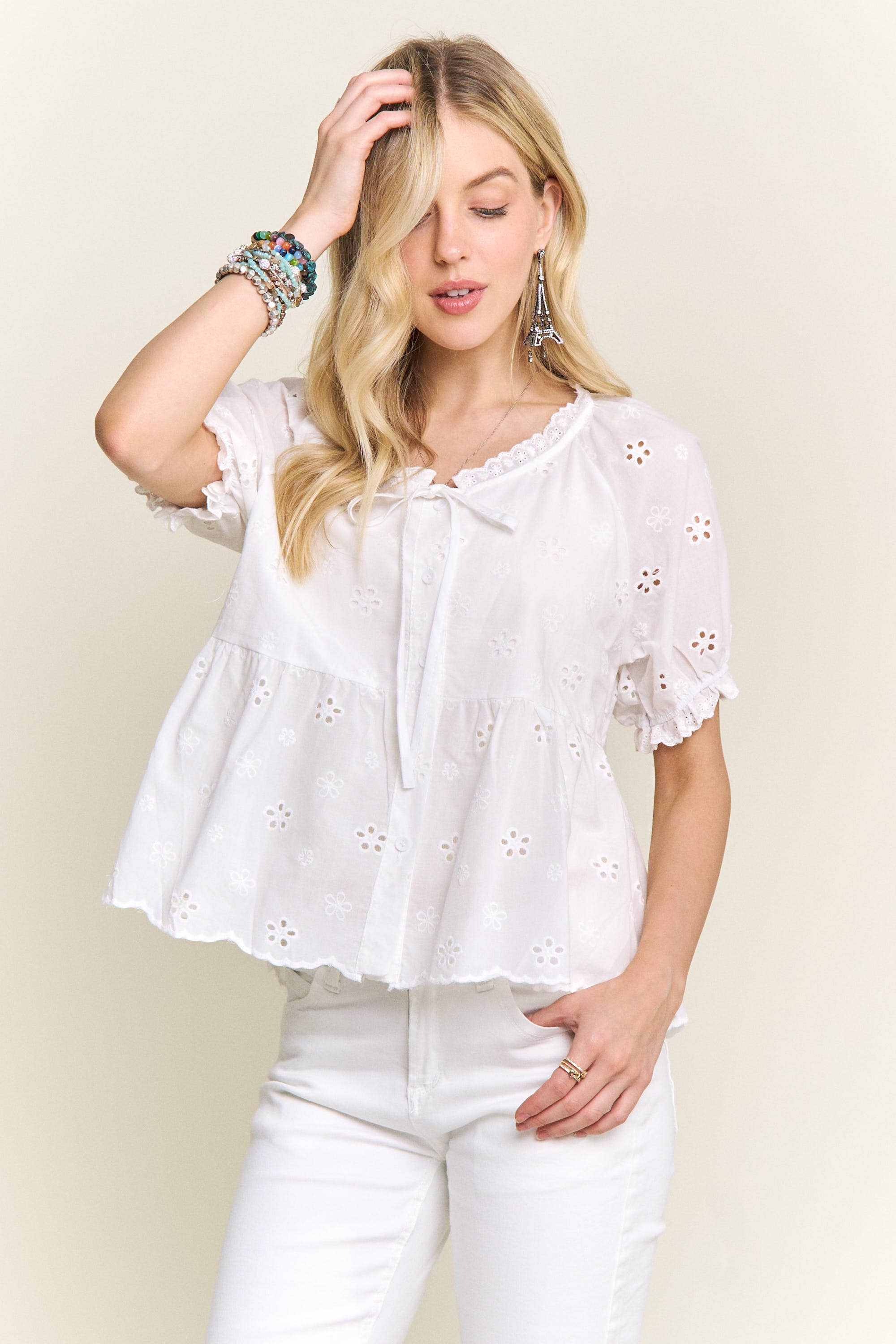 SHORT SLEEVE EYELET PEPLUM BLOUSE