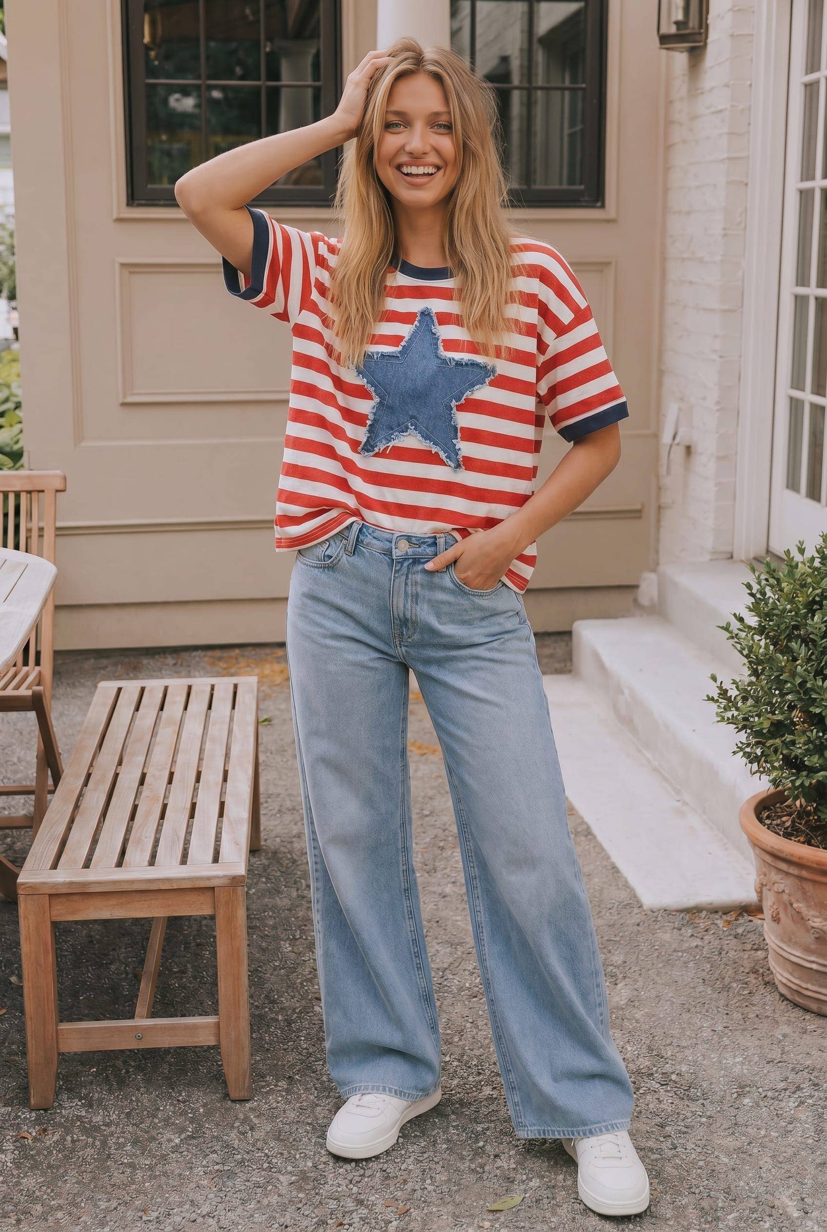 Red stripe tee with denim star patch