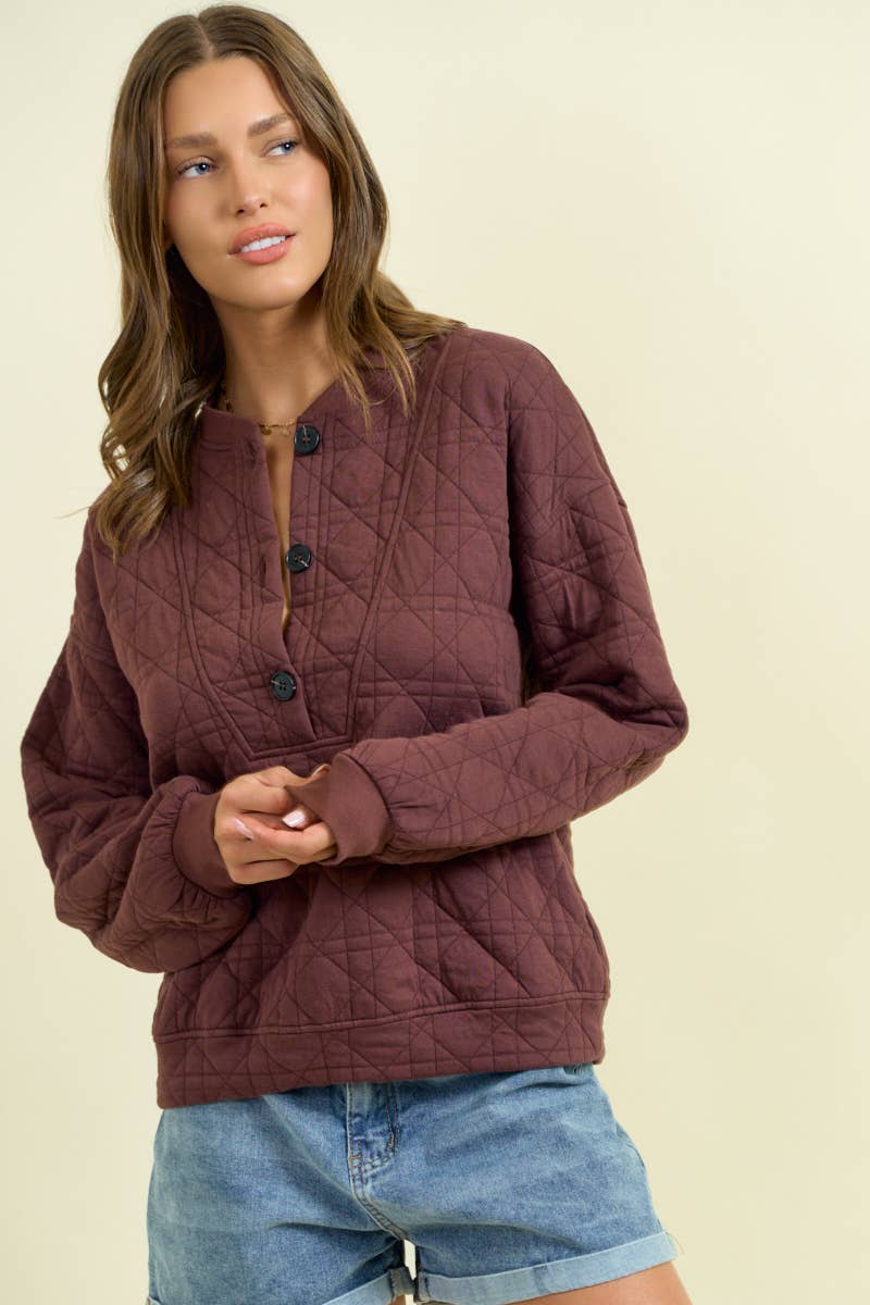 QUILTED BUTTON FRONT SWEATSHIRT