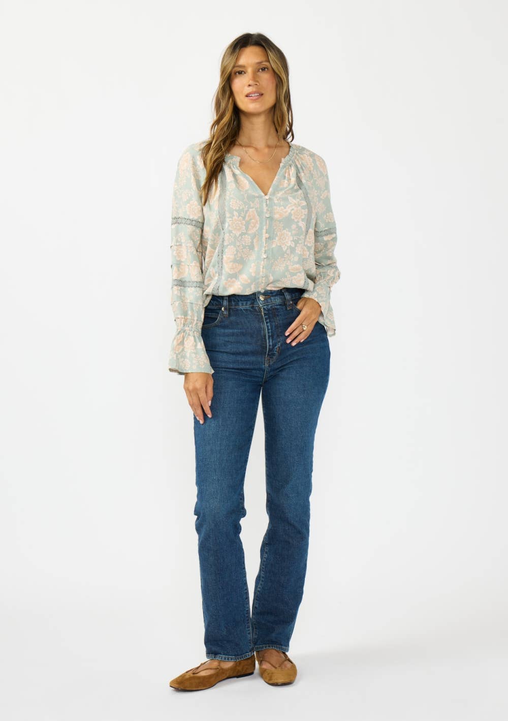 Button Front Blouse with Lace Trim
