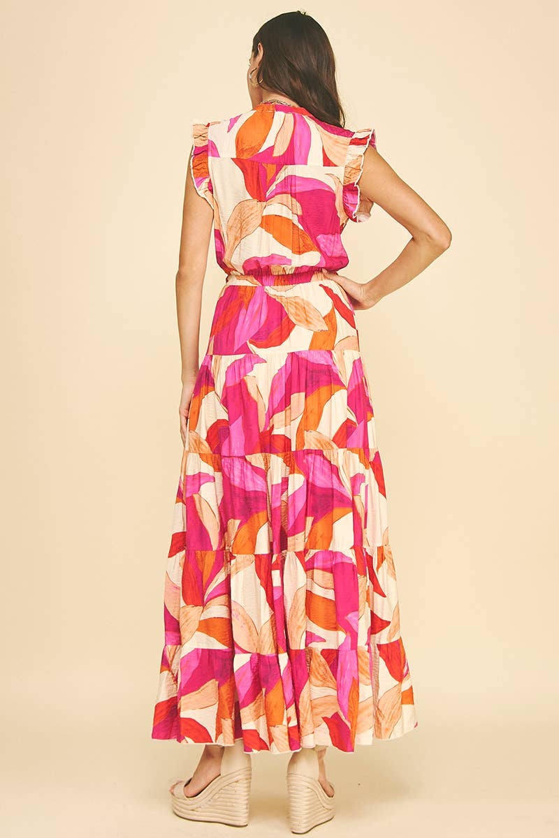 LEAF PRINT TIERED DRESS
