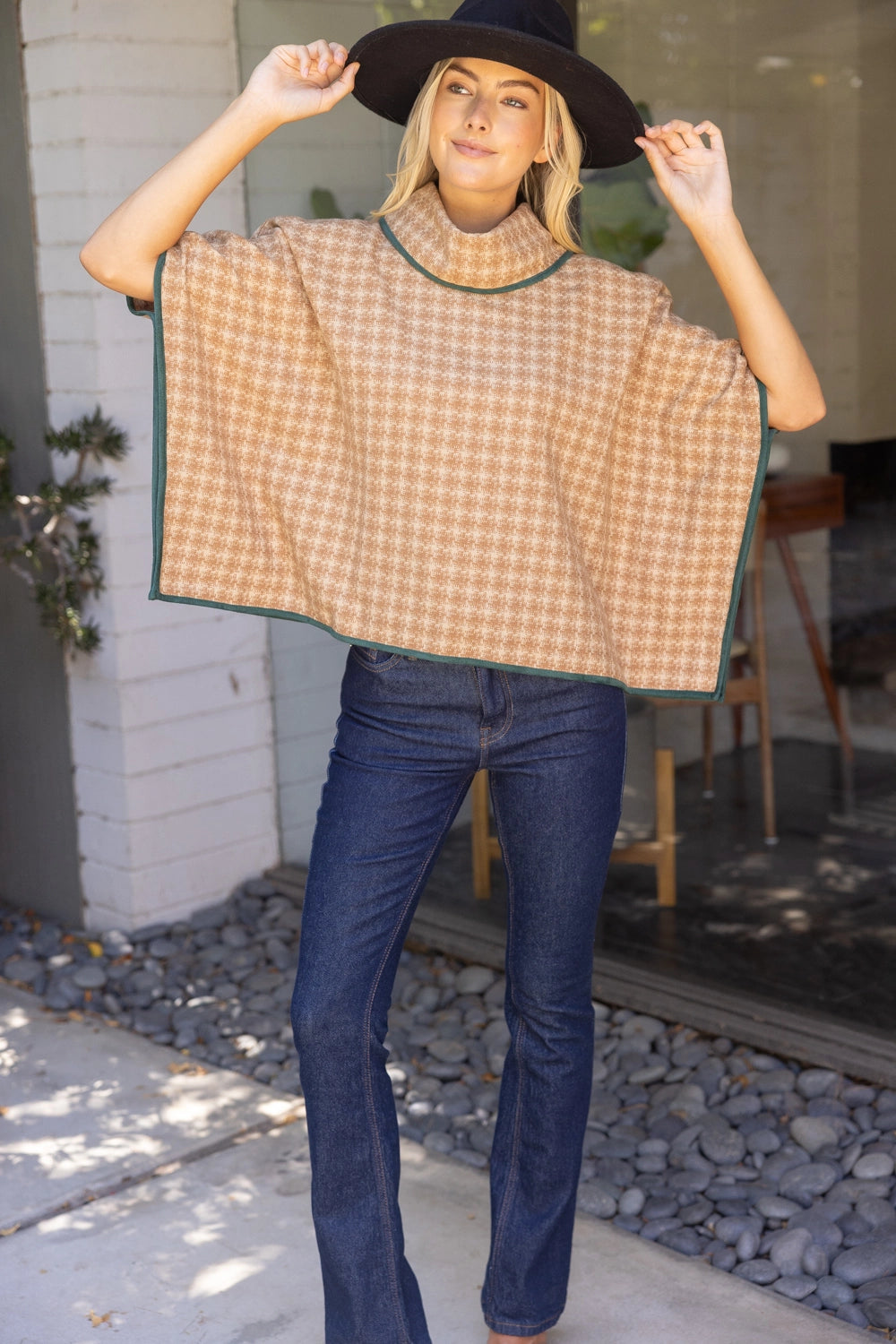 Cowl Neck Houndstooth Poncho