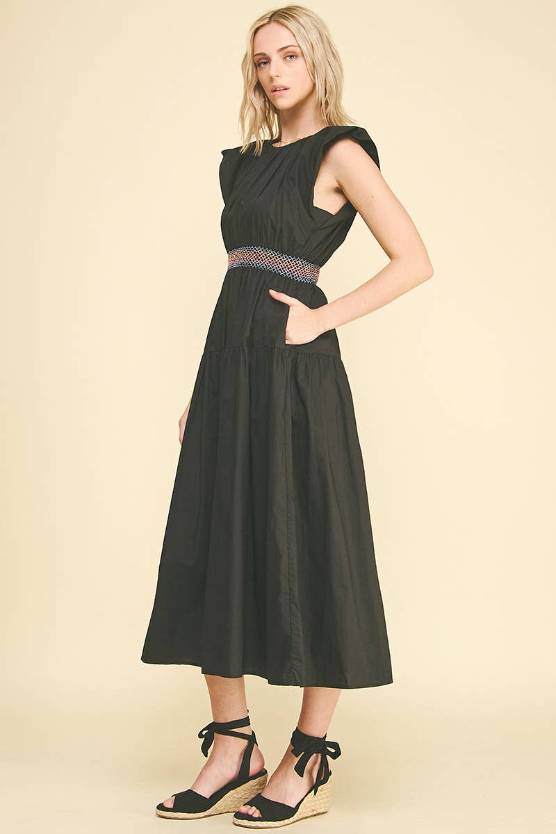 MIDI DRESS WITH SMOCKED WAISTBAND
