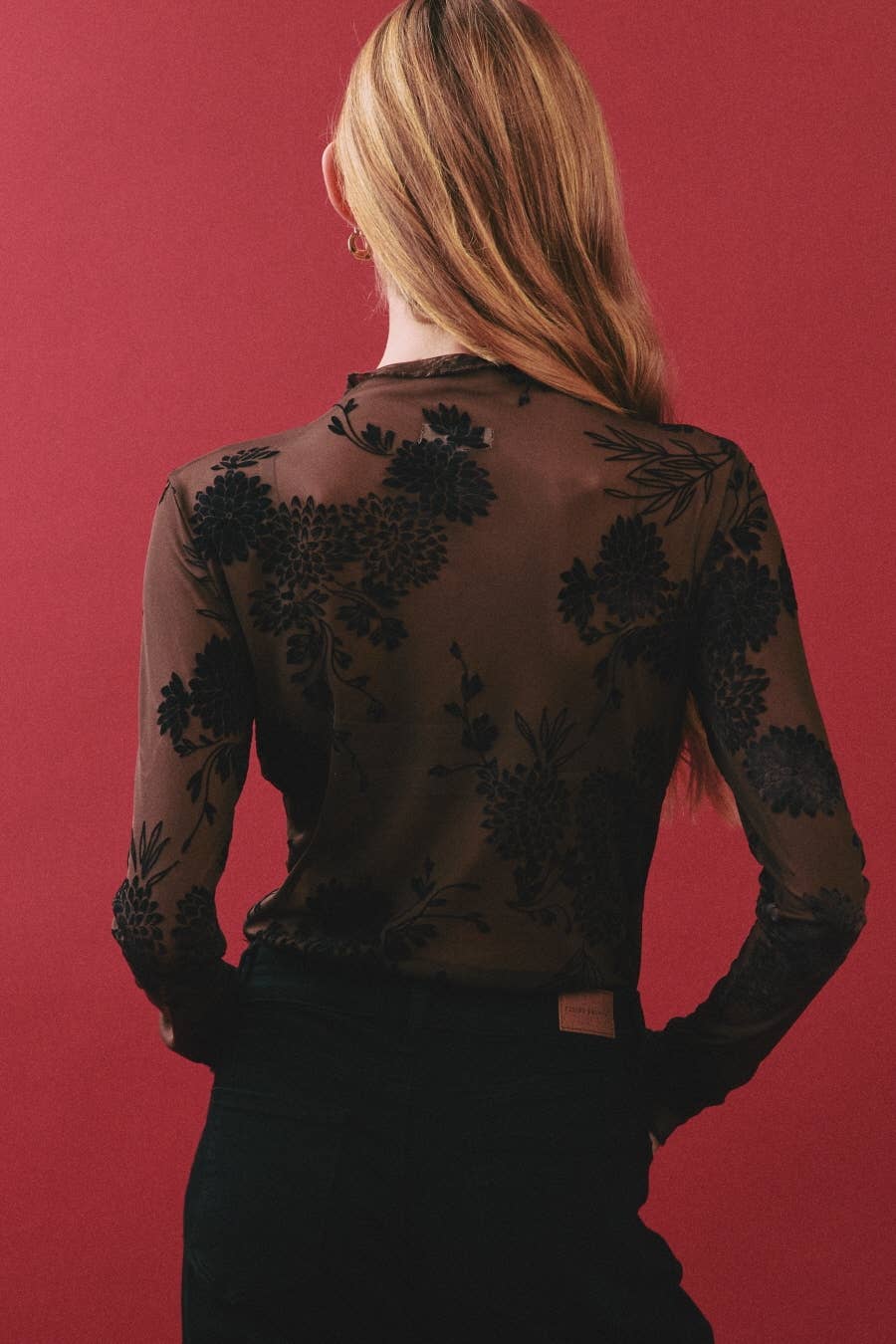Sheer Mesh Floral Flocking Printed Mock Neck Top
