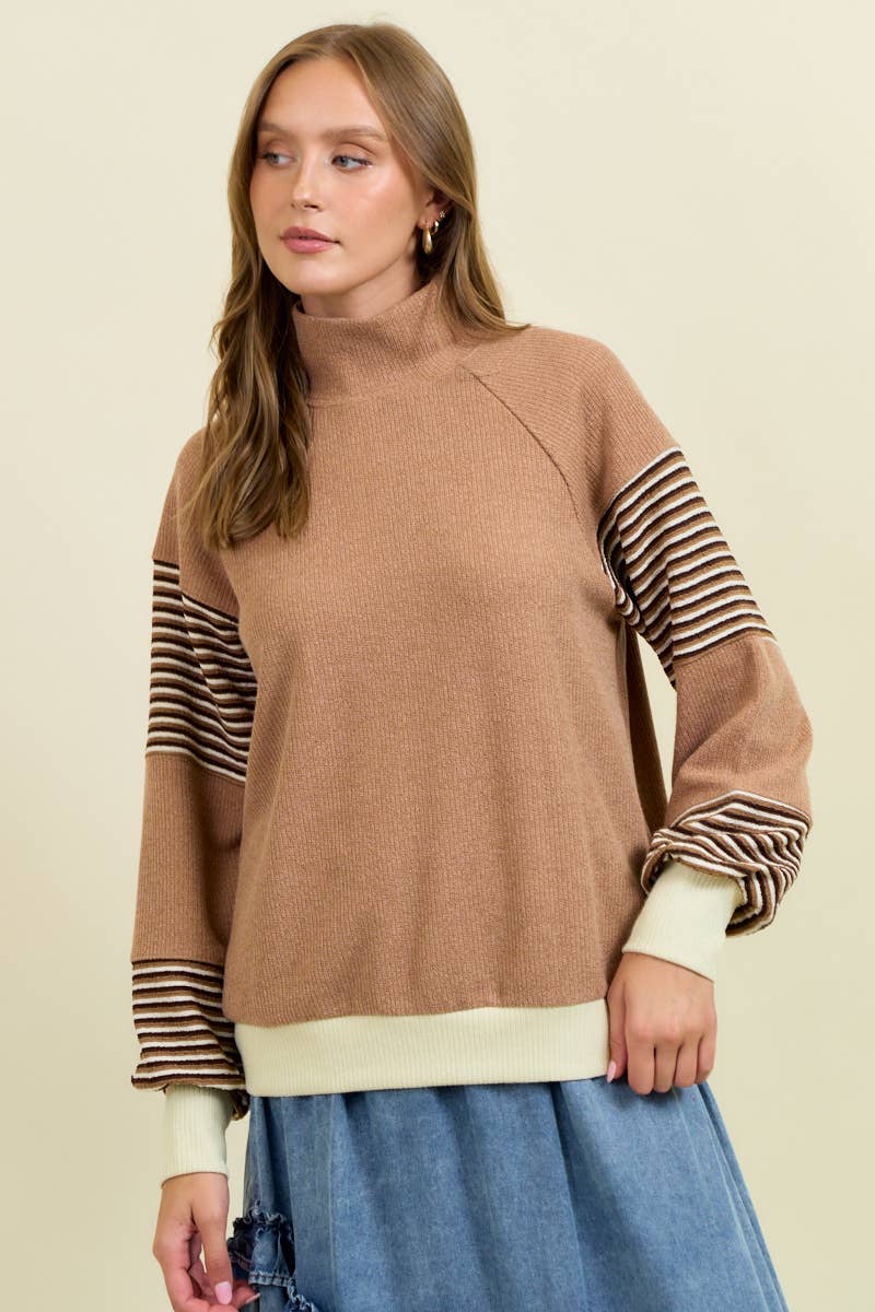 MIXED STRIPE LONG SLEEVE KNITTED TOP - 45141T