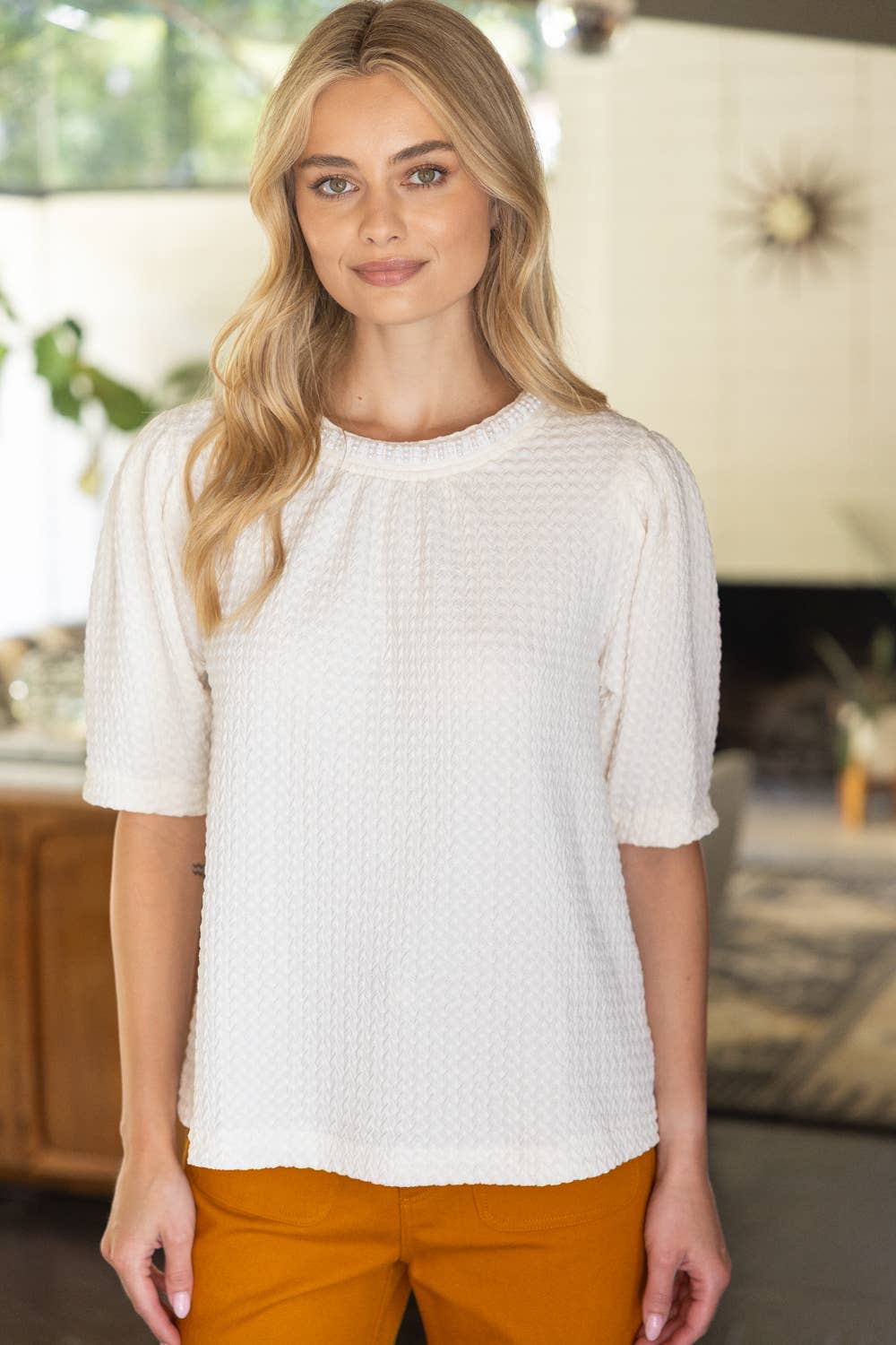 Pearl Neck Trim Textured Knit Top