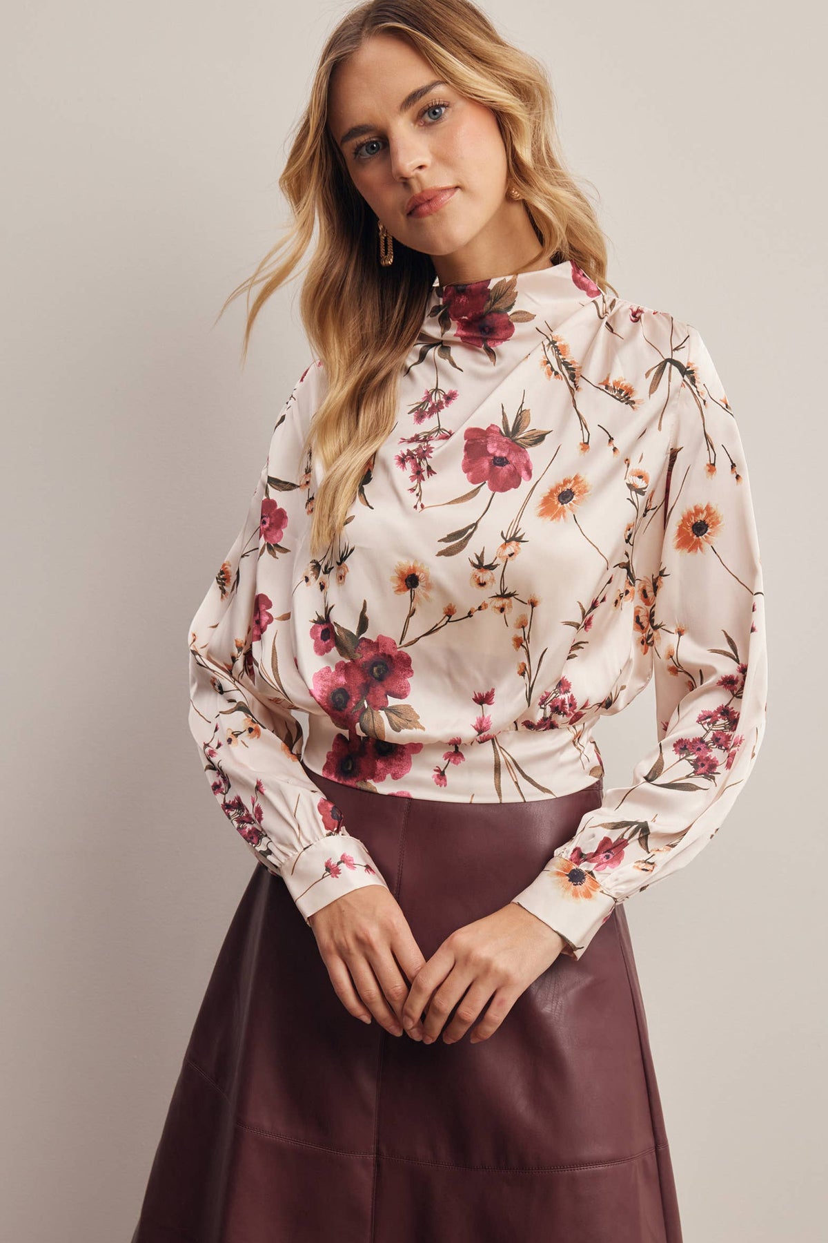 Floral Mock Neck Tie Back Blouse