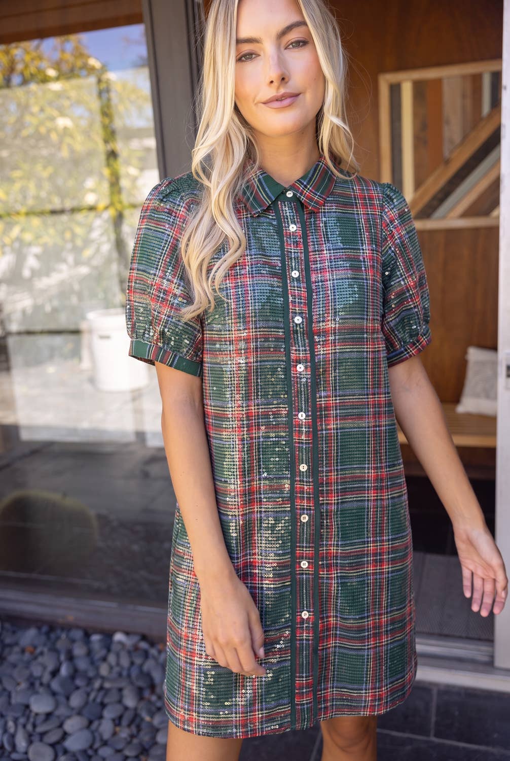 Button Down Plaid Sequins Dress