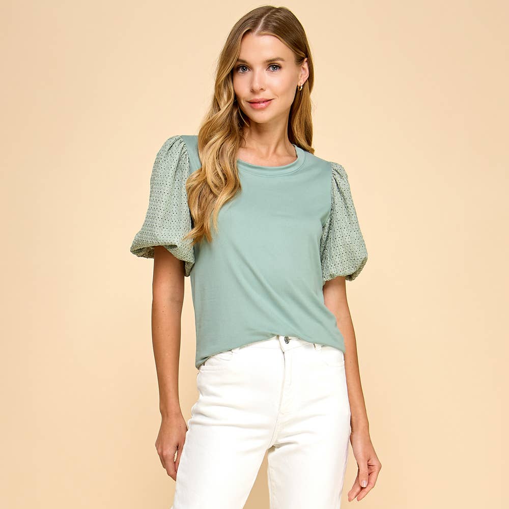 Solid Top with Contrast Puffed Sleeves