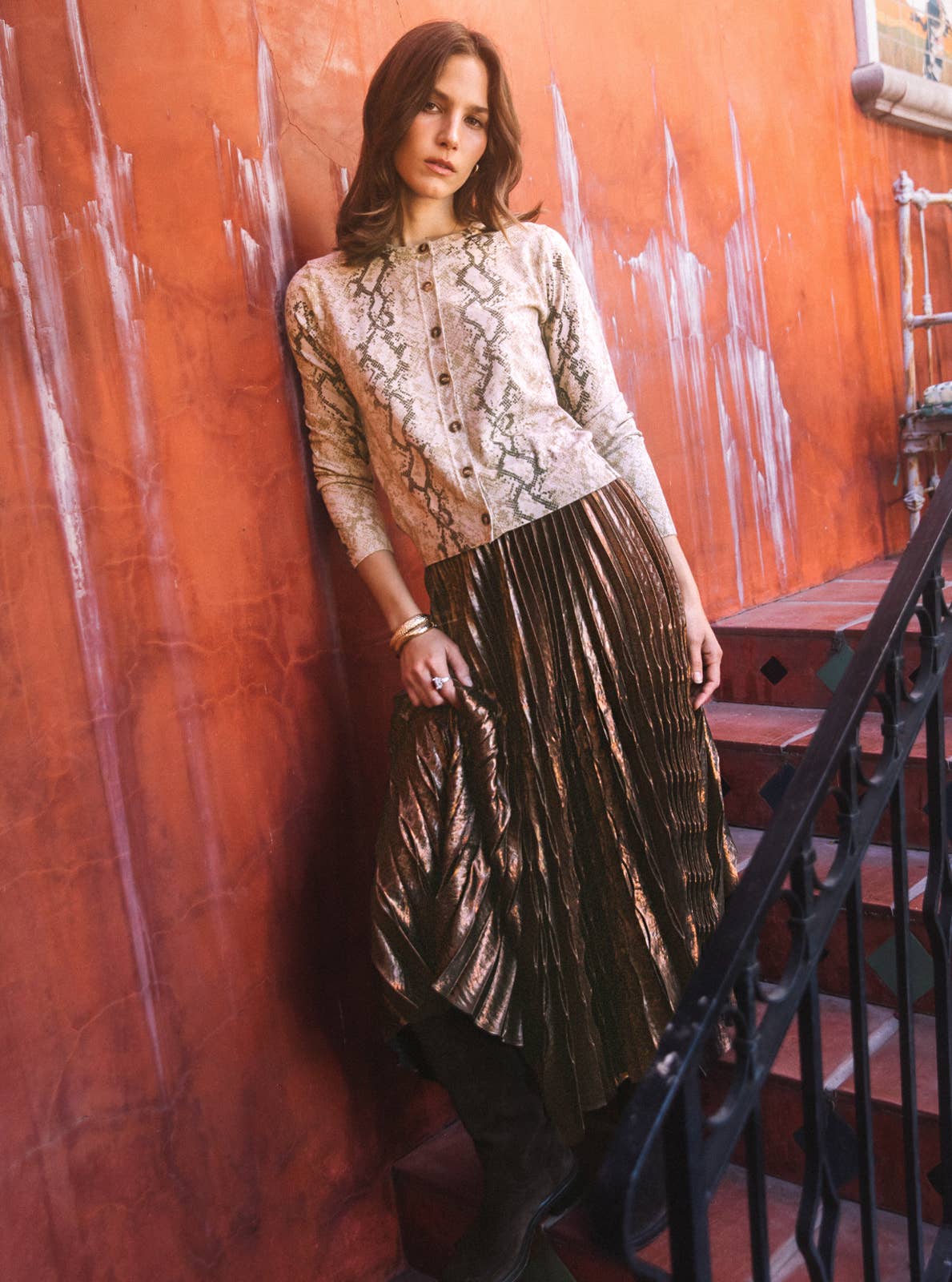 Metallic Pleated Midi Skirt