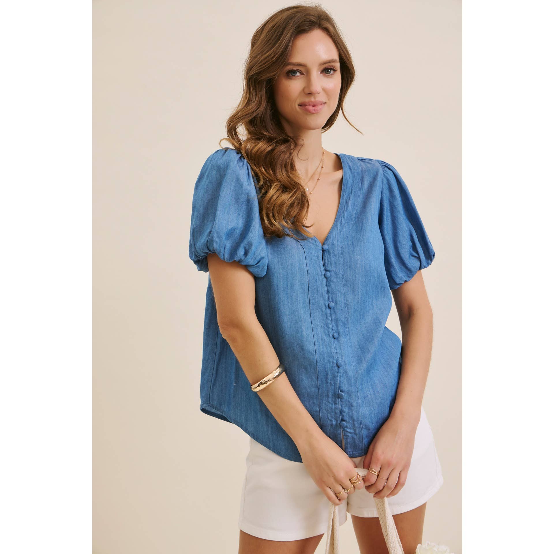 DENIM BUBBLE-SLEEVES TOP
