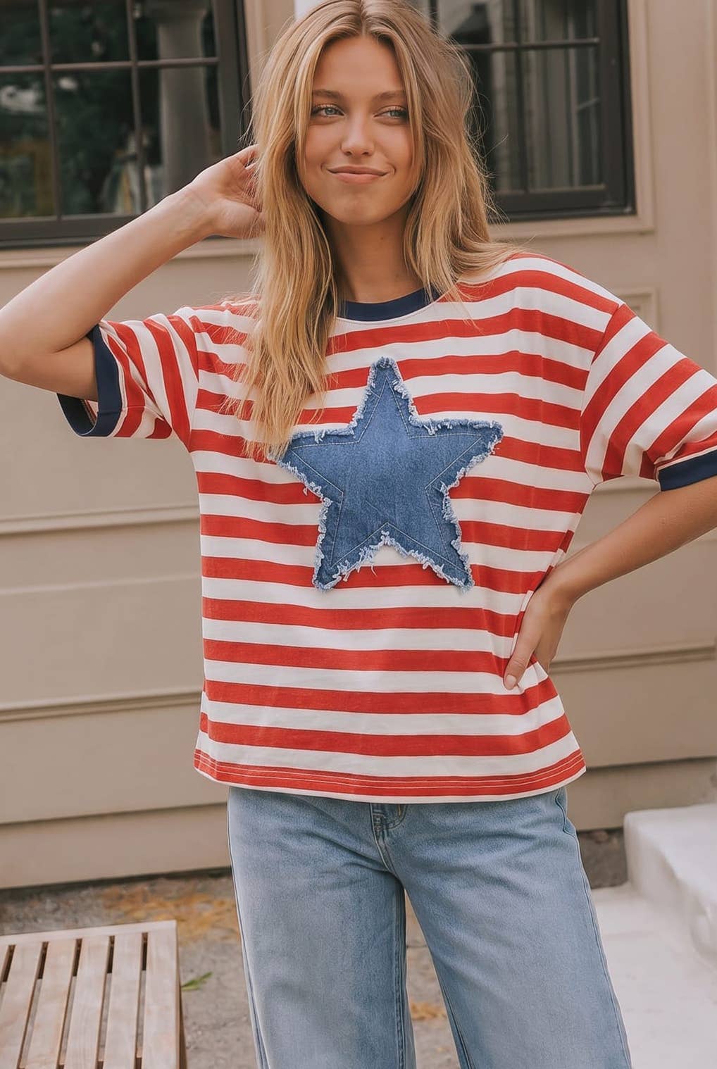 Red stripe tee with denim star patch