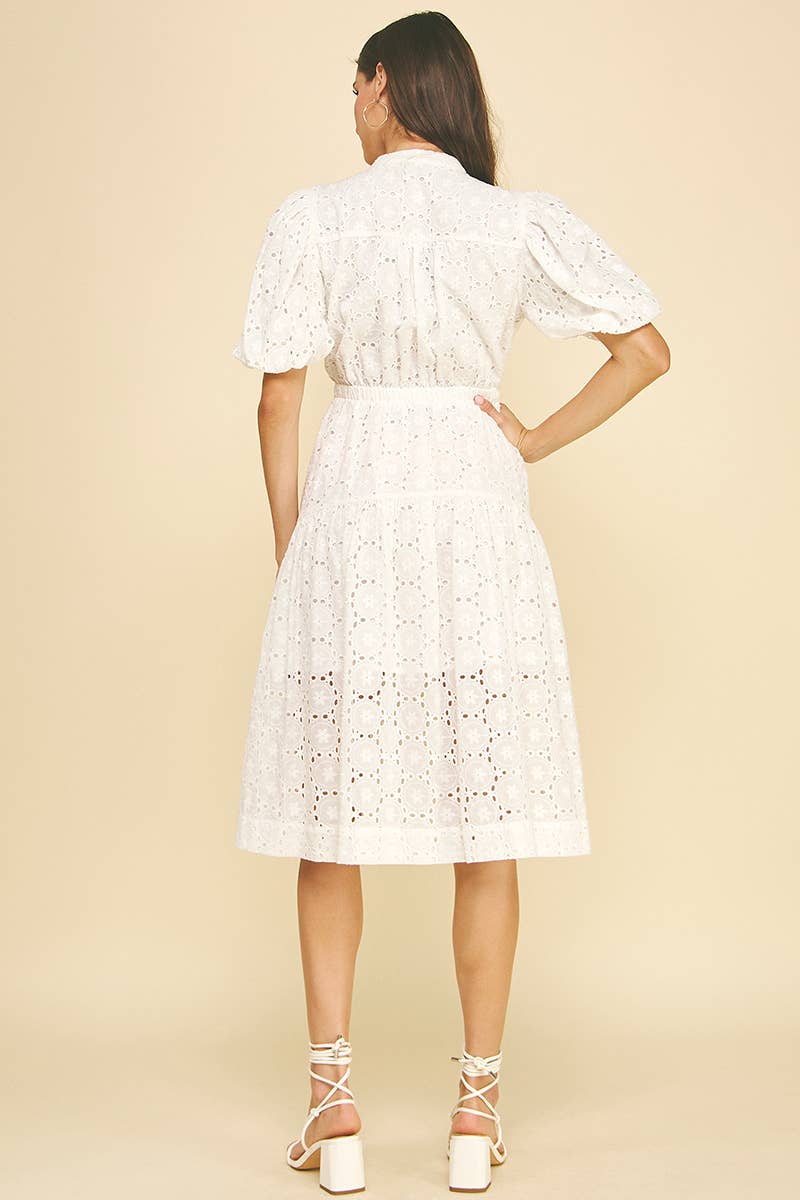 EYELET EMBROIDERED MIDI DRESS