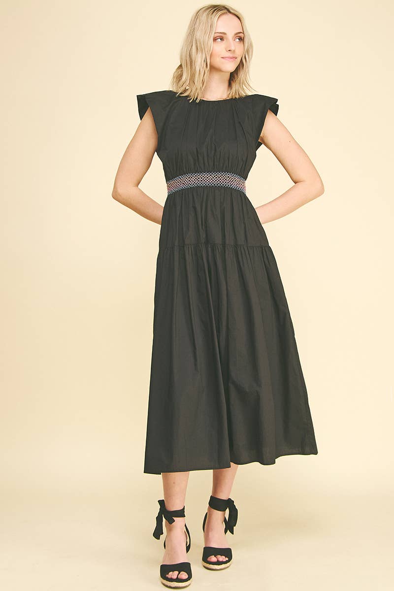 MIDI DRESS WITH SMOCKED WAISTBAND