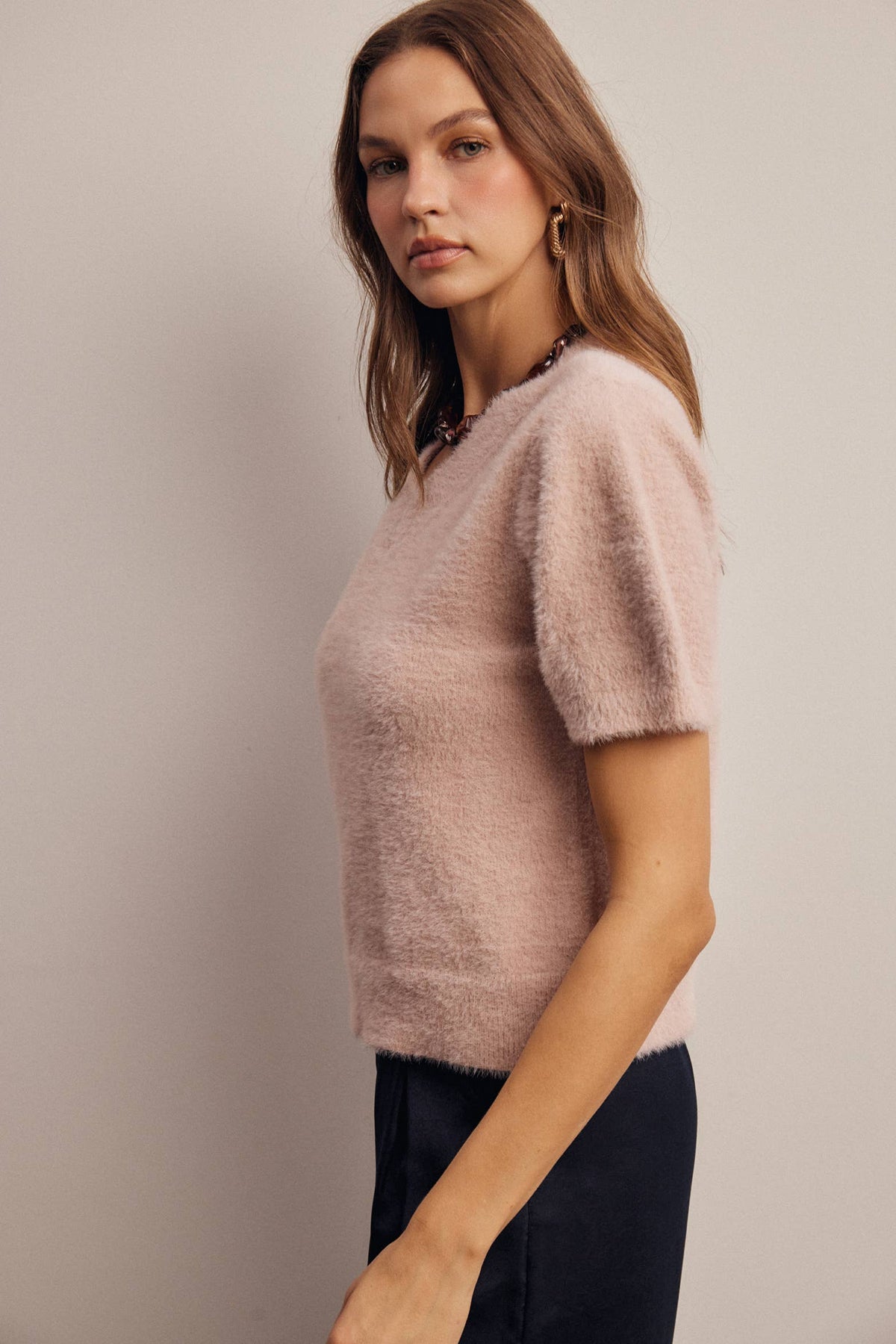 Fuzzy V-Neck Knit Top