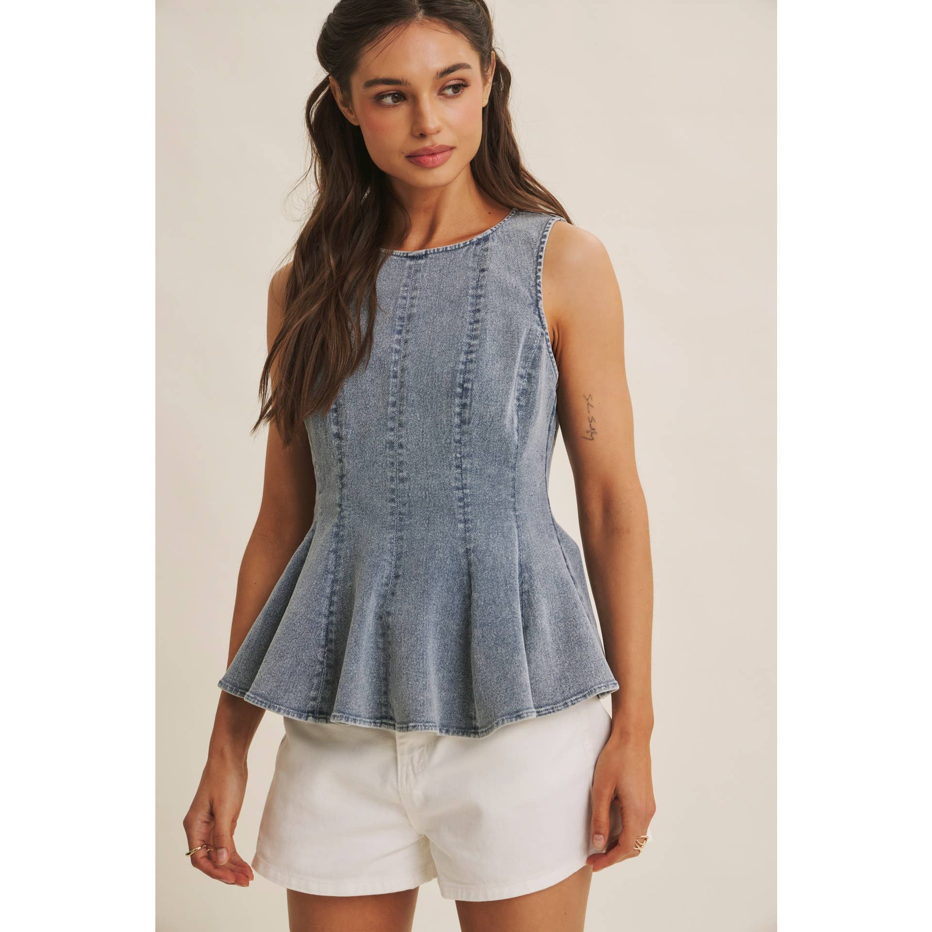 MINERAL-WASHED DENIM PEPLUM TOP