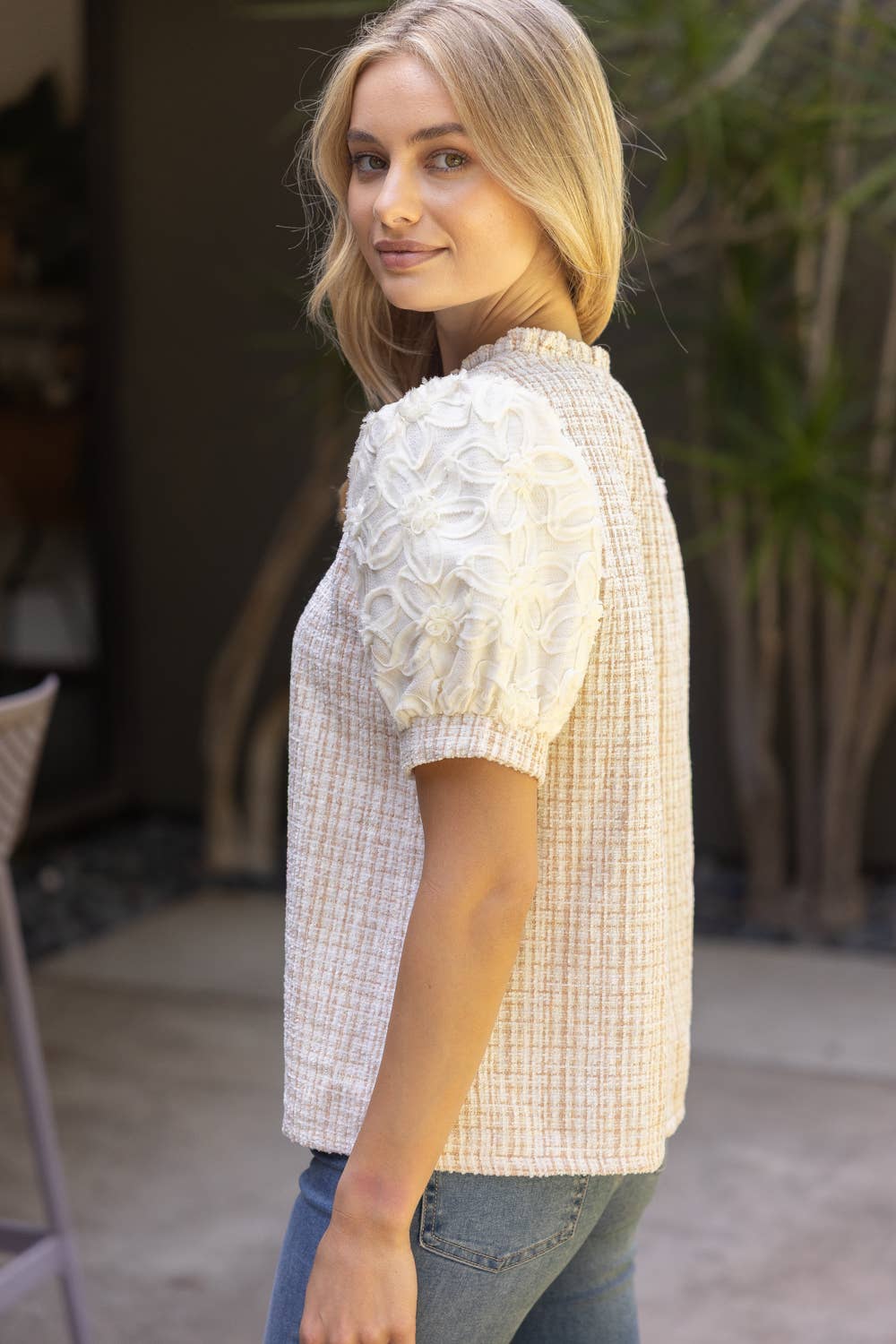 Floral Lace Sleeve Tweed Top