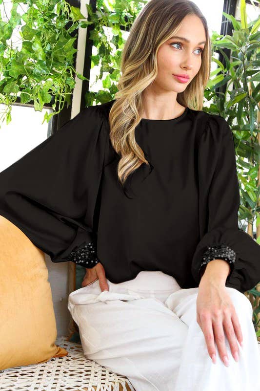 Sequin Cuff Accent Satin Blouse Top