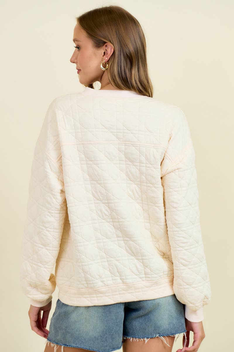 QUILTED BUTTON FRONT SWEATSHIRT