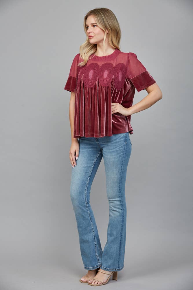 LACE DETAIL VELVET BABYDOLL TOP