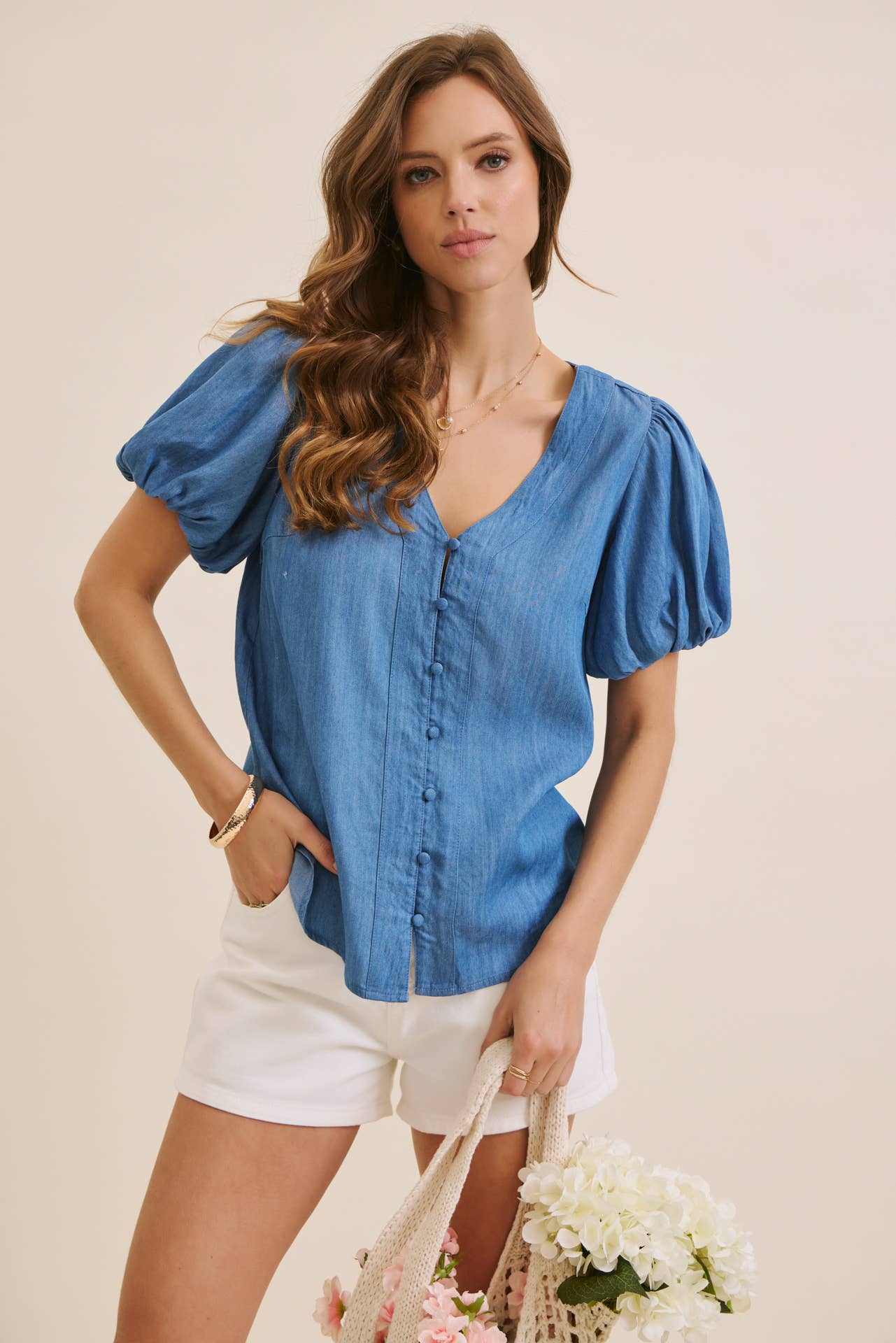 DENIM BUBBLE-SLEEVES TOP