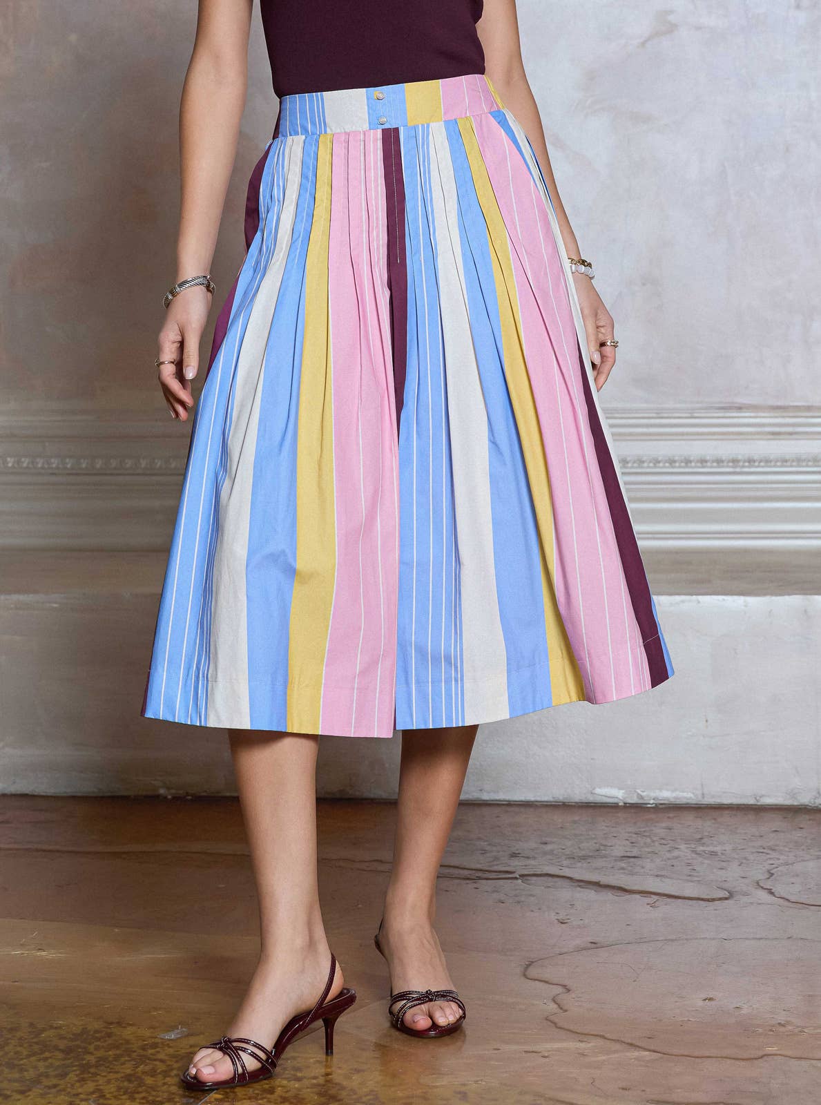 Striped Cotton A-line Midi Skirt