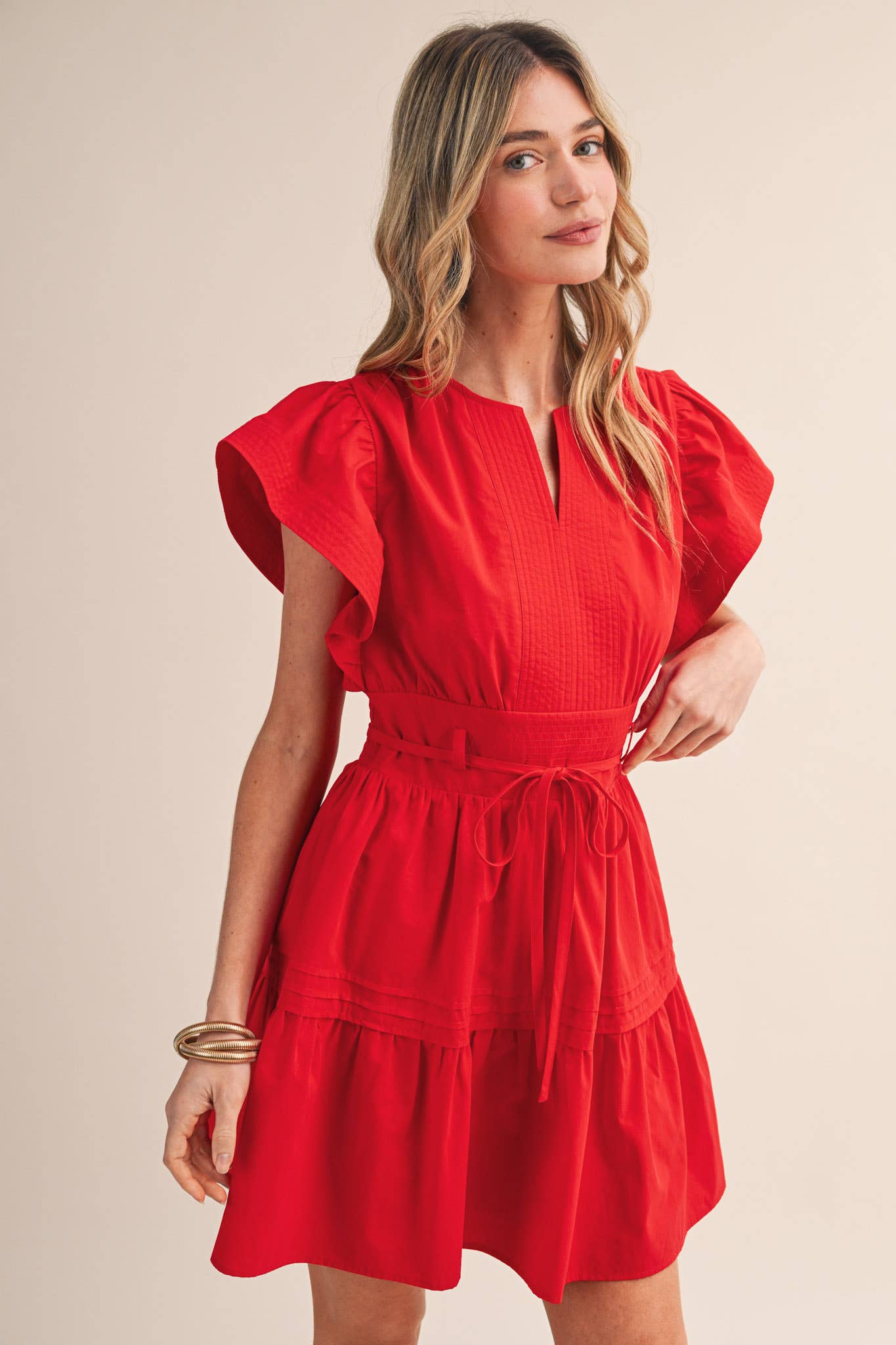 EMBROIDERED PIN TUCK MINI DRESS