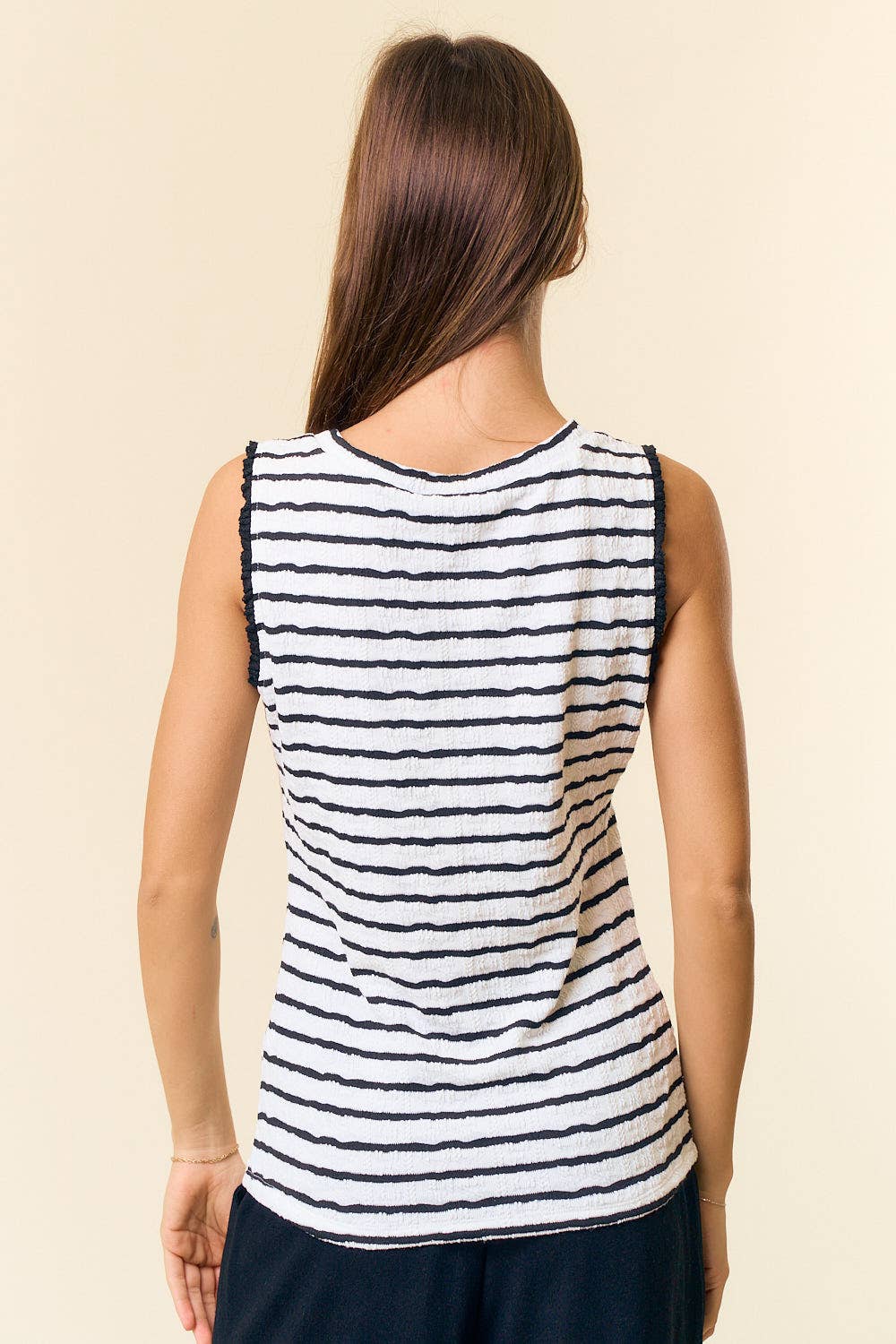TEXTURED STRIPE RUFFLE TANK TOP