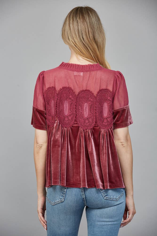 LACE DETAIL VELVET BABYDOLL TOP