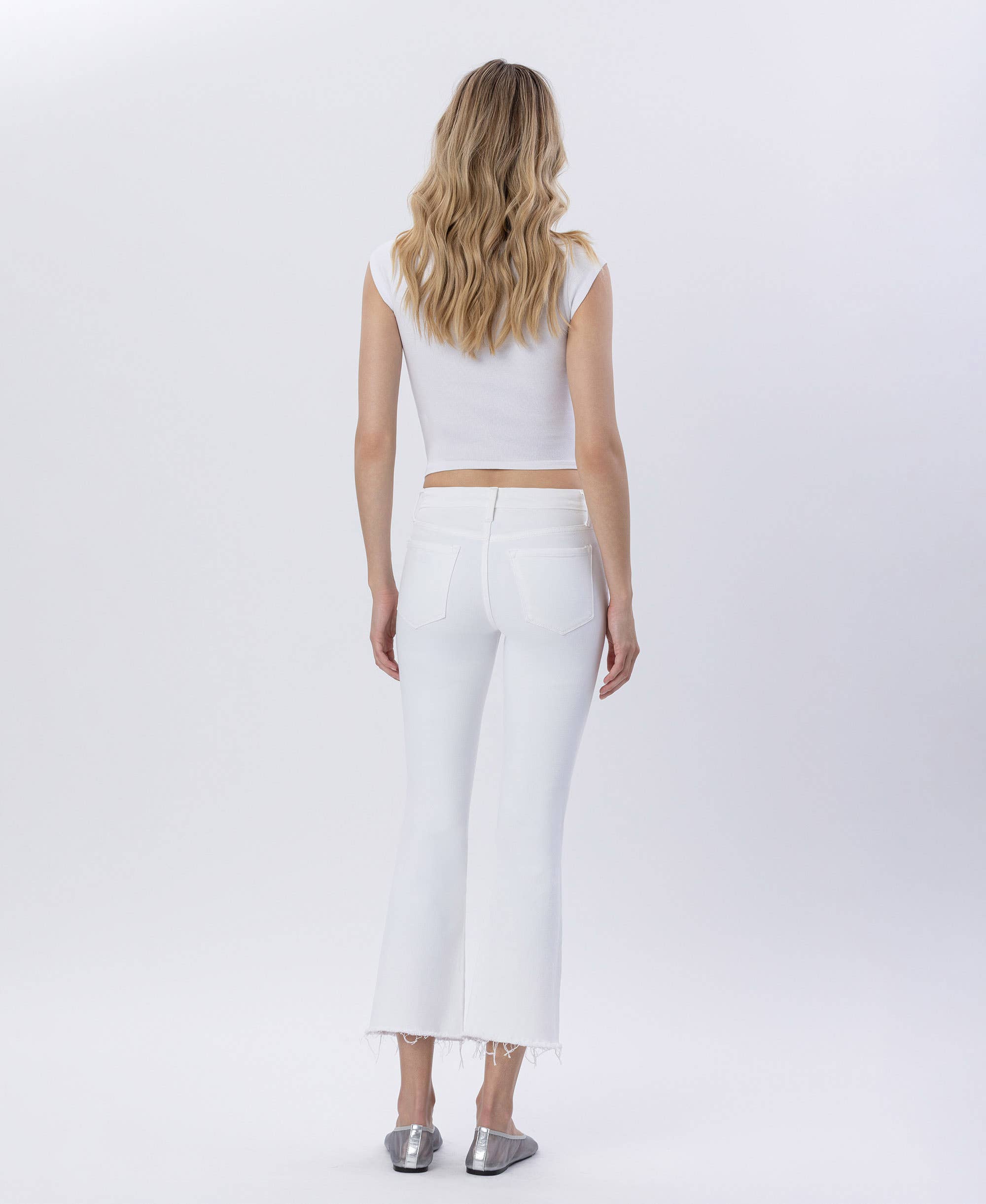 WHITE MID RISE CROP FLARE JEANS