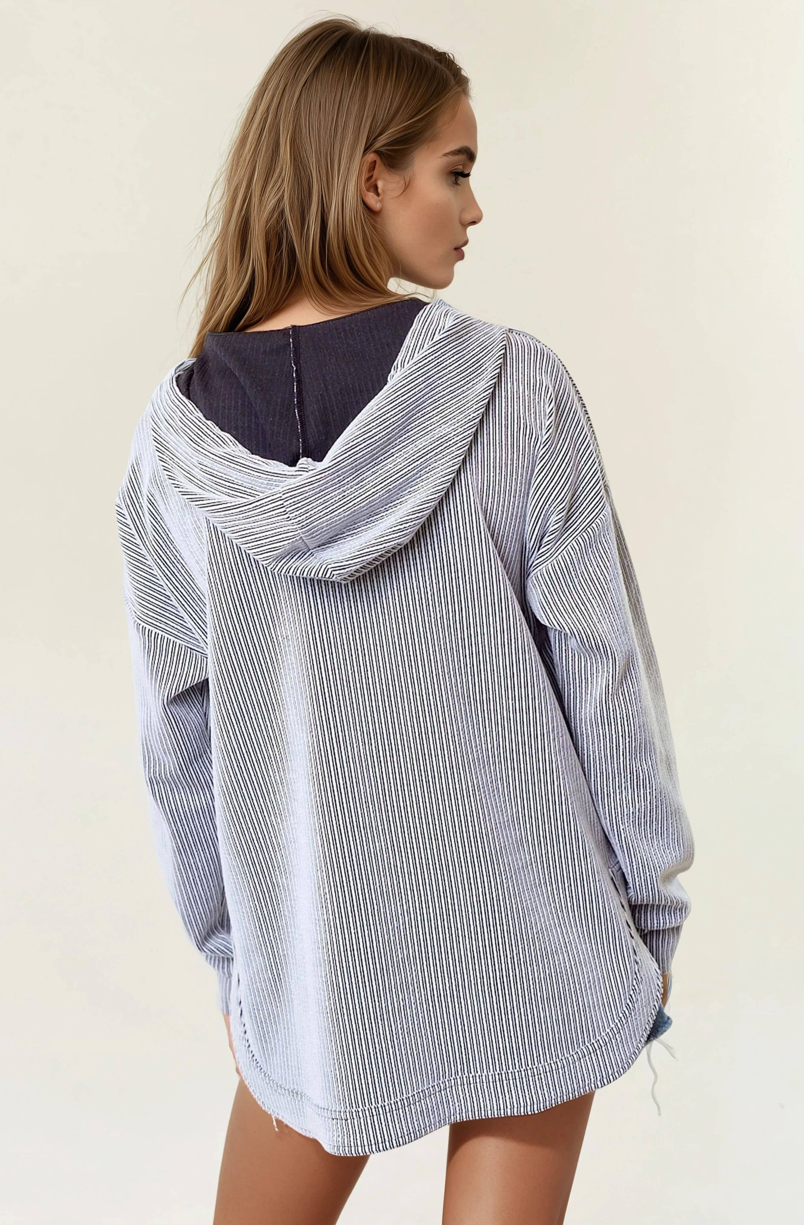 V-Neckline Long Hooded Sweatshirt