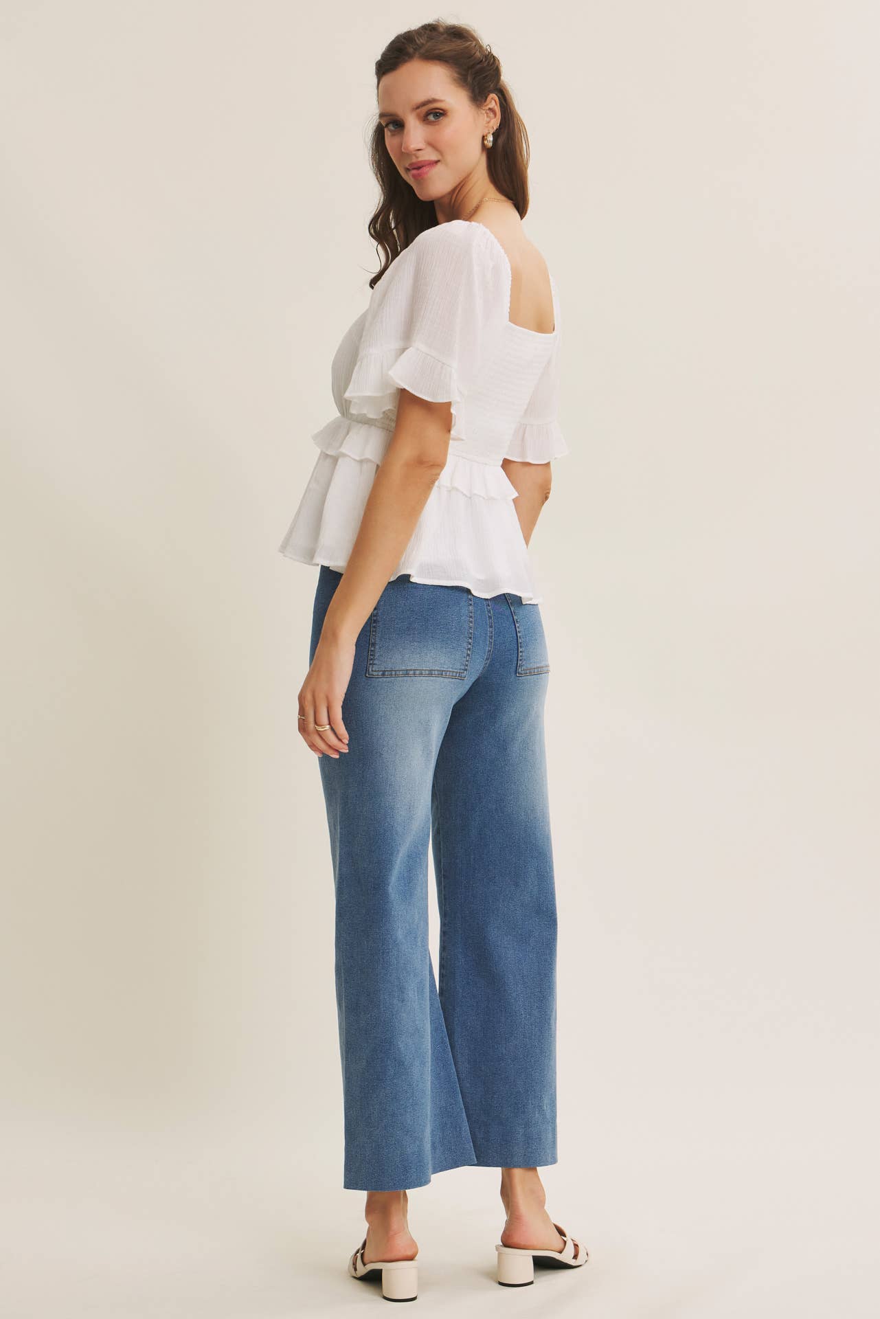 PINTUCK ANKLE LENGTH WIDE-LEG DENIM PANTS