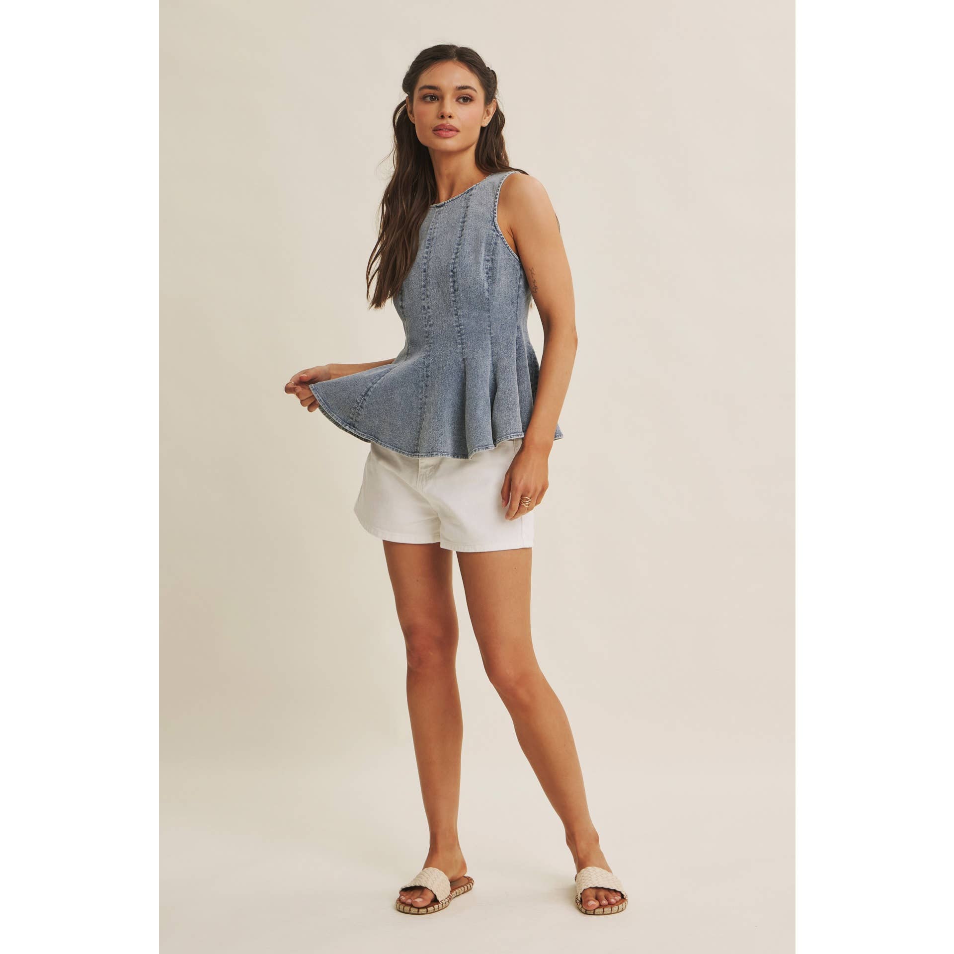 MINERAL-WASHED DENIM PEPLUM TOP