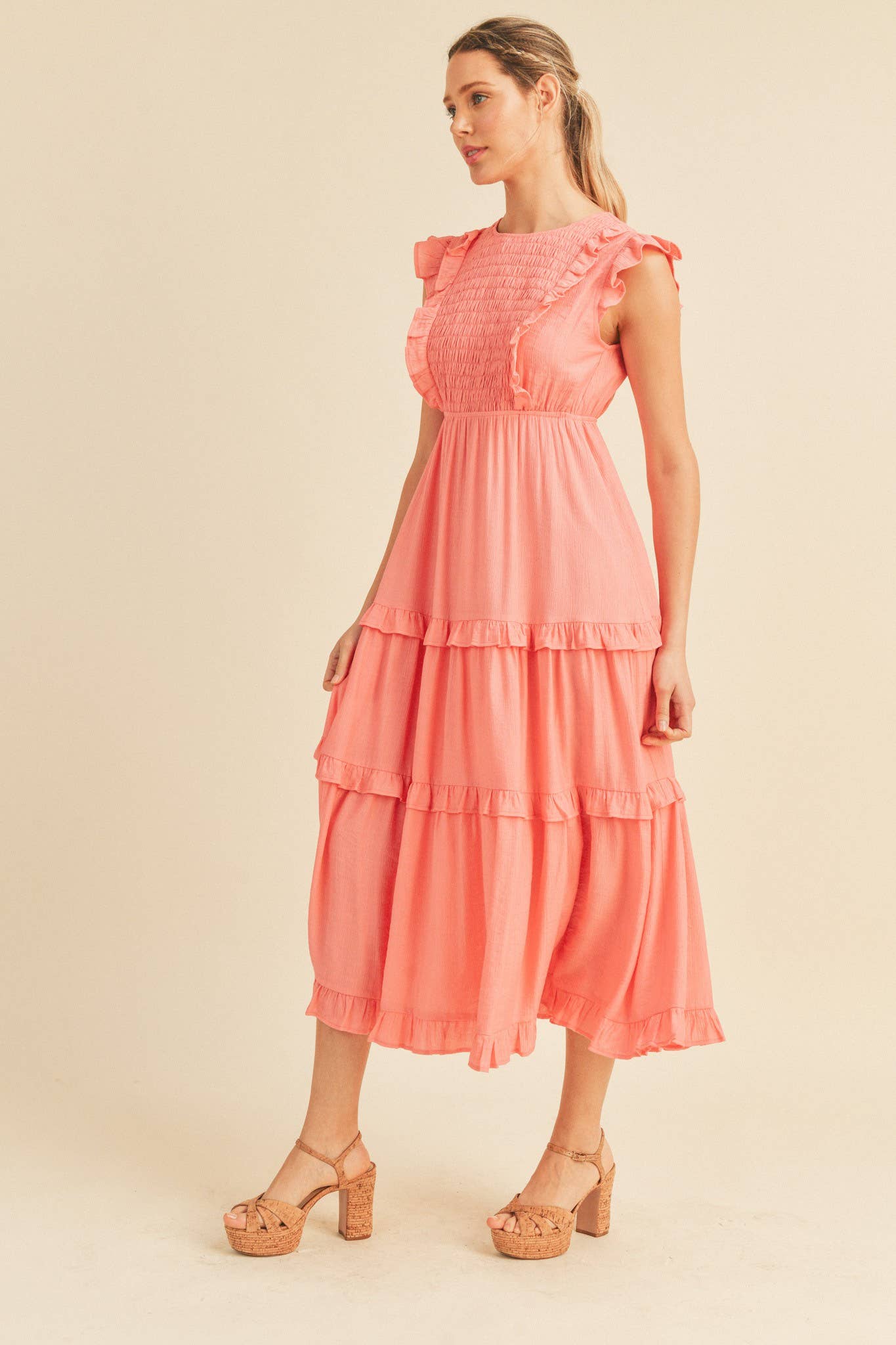 SMOCKED RUFFLED MIDI DRESS