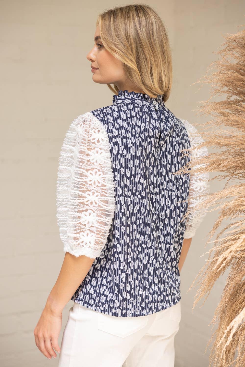 Lace Sleeve Animal Print Top
