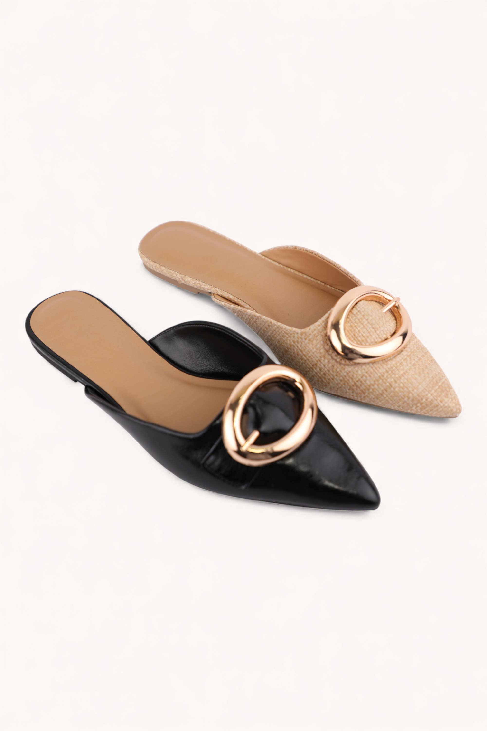GOLD BUCKLE POINTED TOE MULES