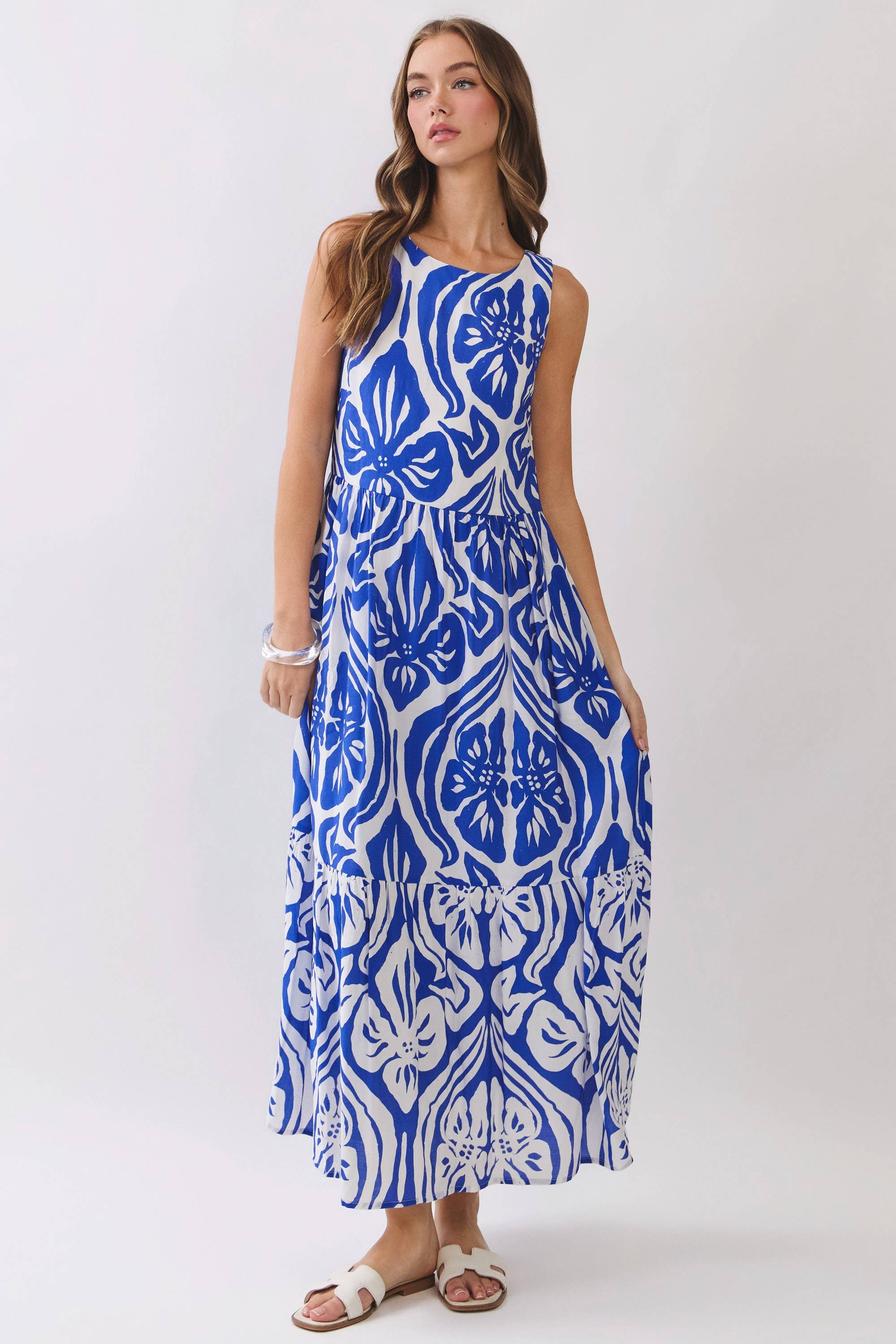 Abstract Floral Print Tiered Maxi Dress