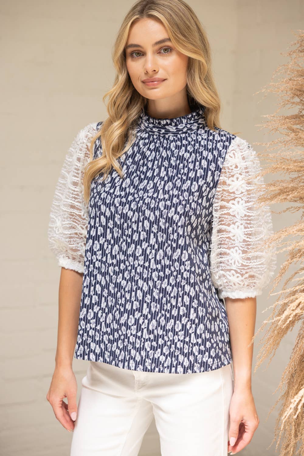 Lace Sleeve Animal Print Top