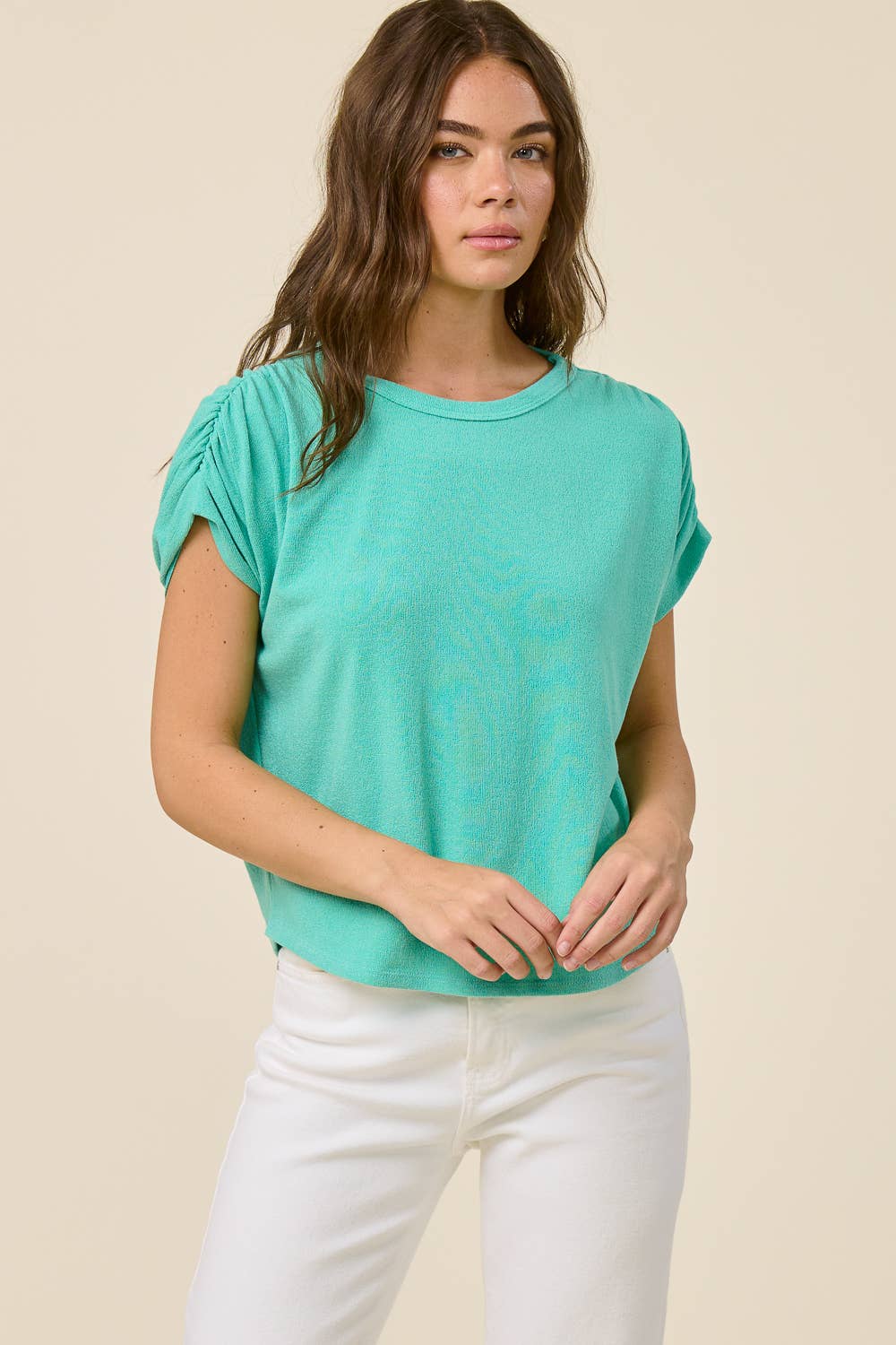 Ruched Shoulder Crepe Hacci Top