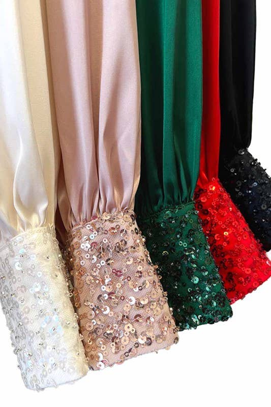 Sequin Cuff Accent Satin Blouse Top