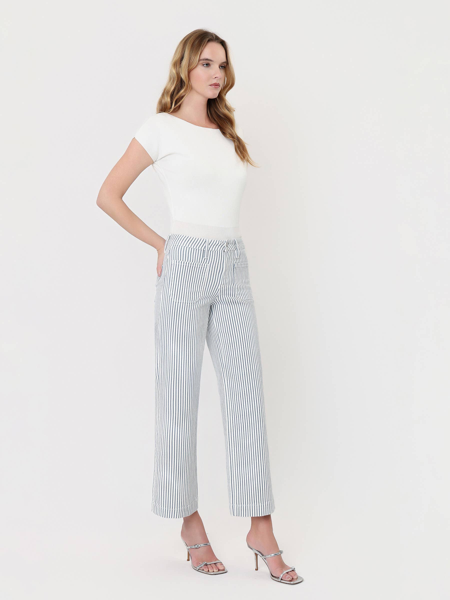 STRIPE HIGH RISE WIDE LEG JEANS