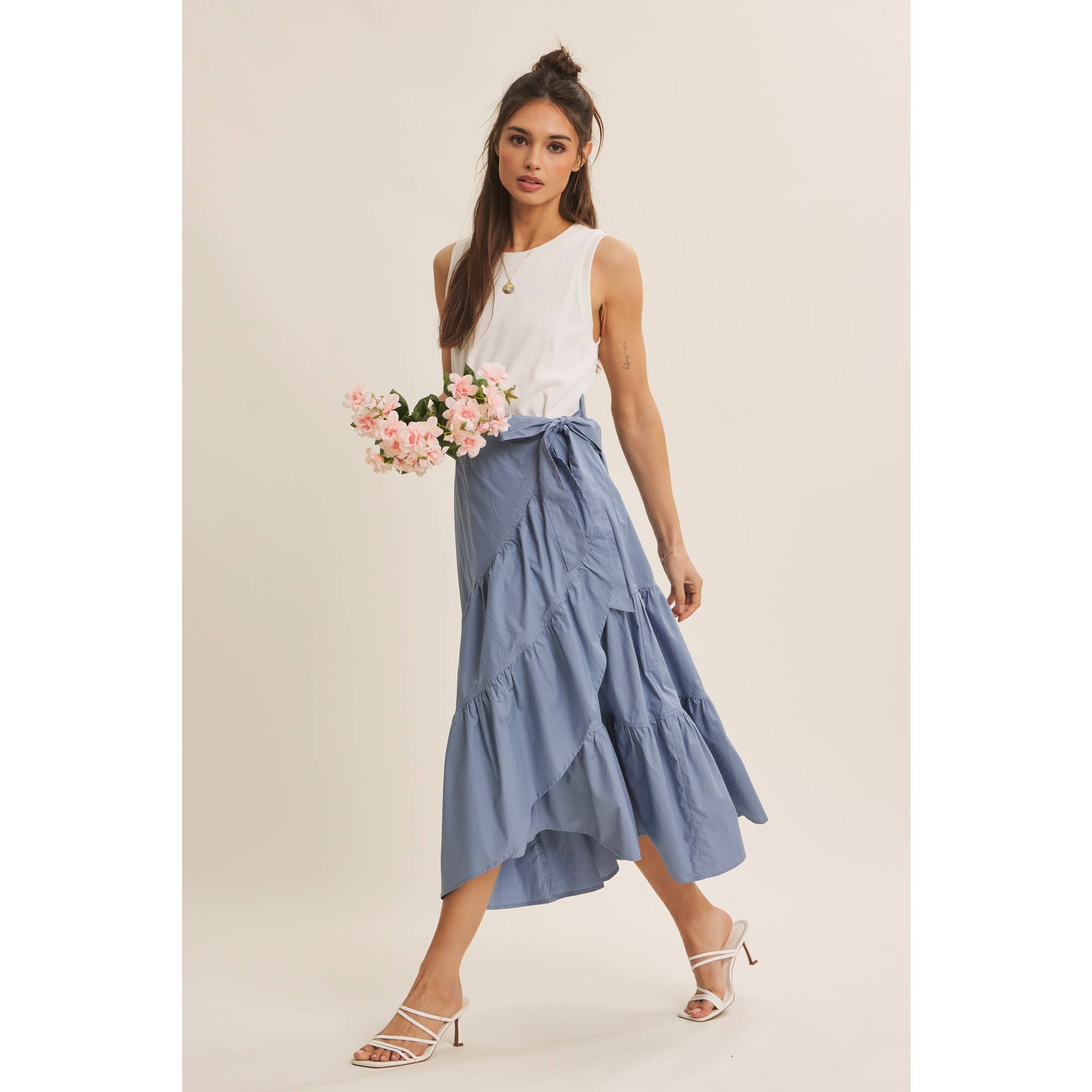 TIERED WRAP MIDI DRESS