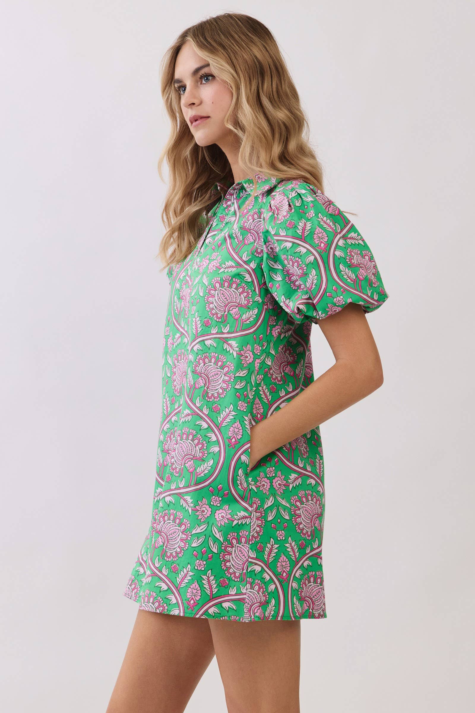 Paisley Print Puff Sleeve Mini Dress