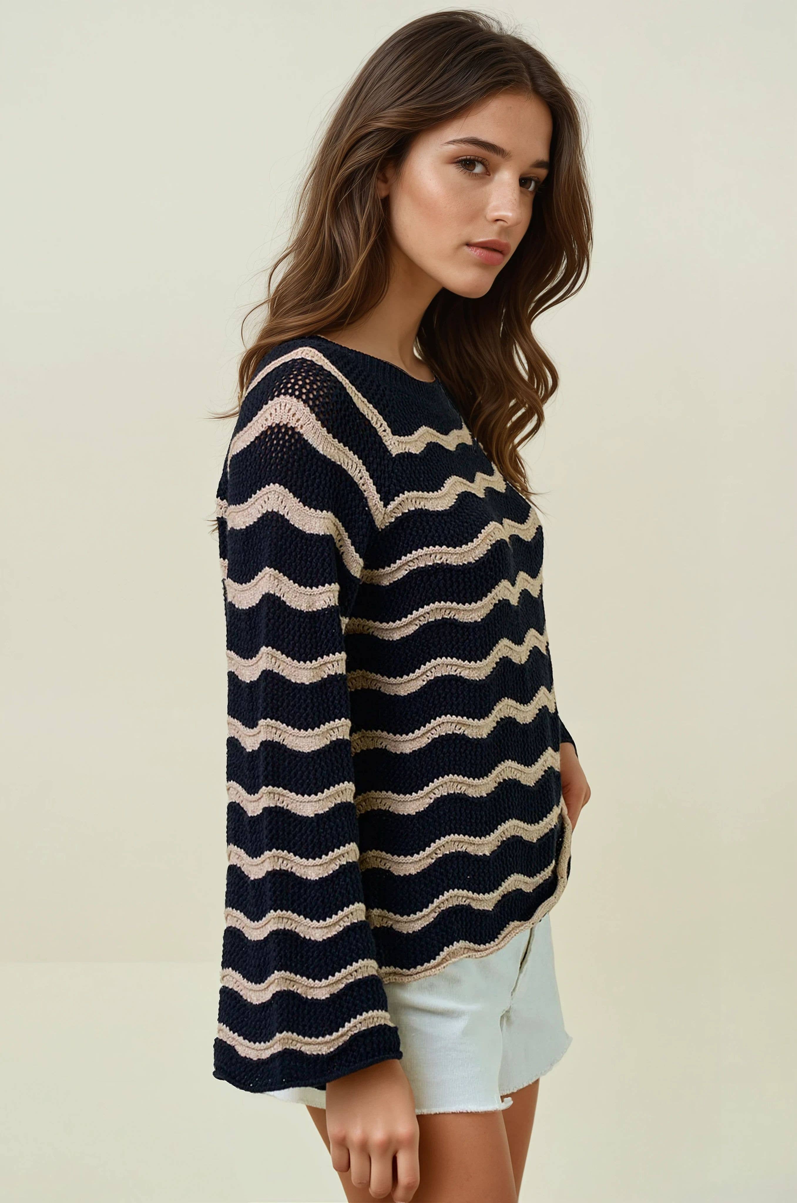 STRIPED POINTELLE BELL SLEEVE SWEATER TOP