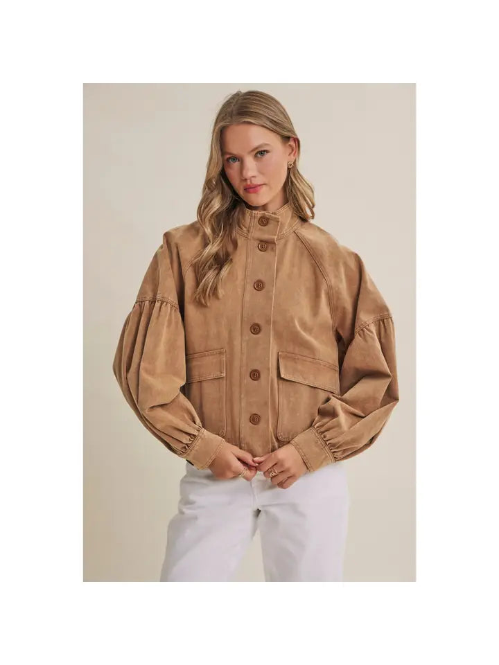 Western Inspired Mineral-Washed Cotton Balloon Sleeve Jacket