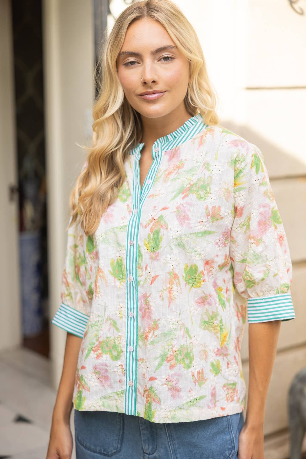 Stripe Contrast Floral Embroidered Top