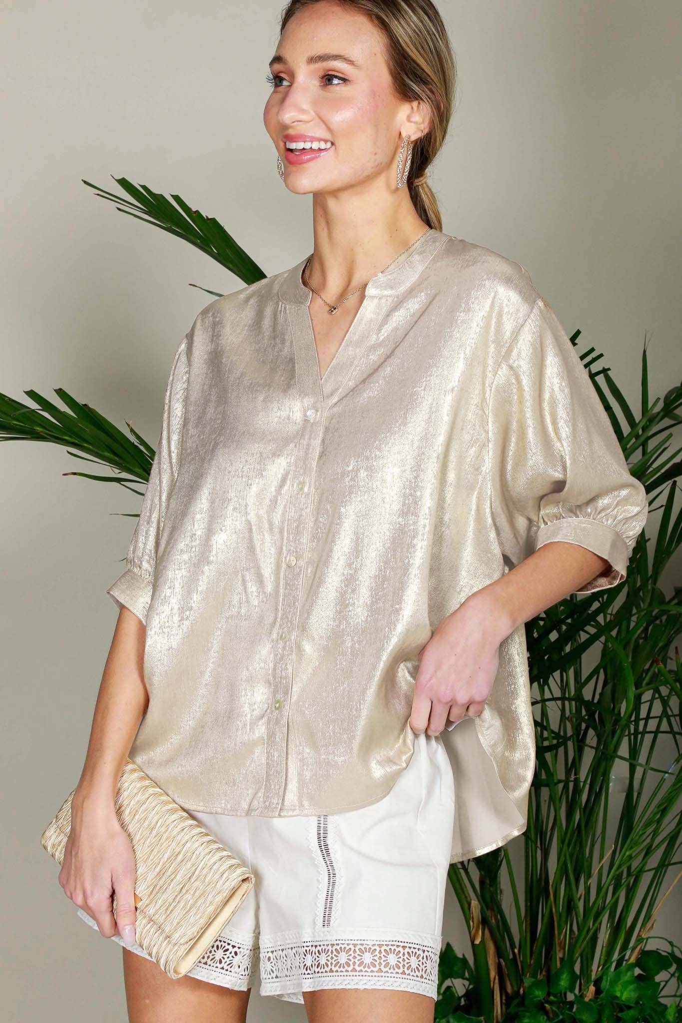 Henley Neckline Metallic Blouse