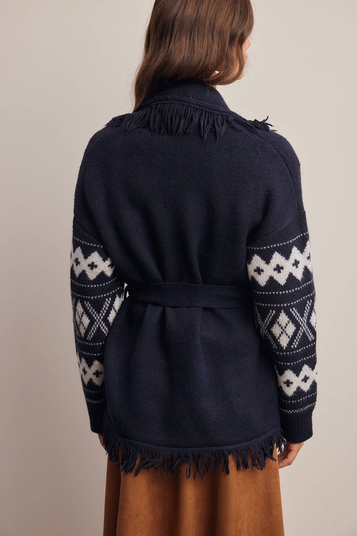 Fringe Trim Belted Western Cardigan